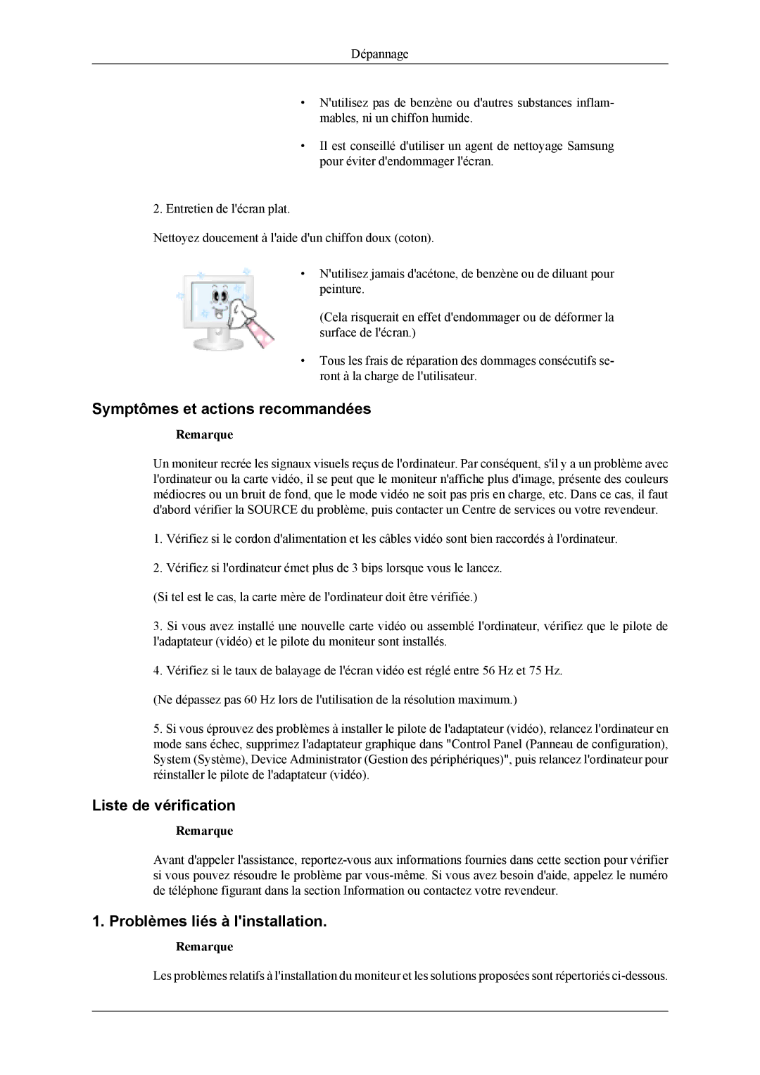 Samsung LS20TDVSUV/EN manual Symptômes et actions recommandées, Liste de vérification, Problèmes liés à linstallation 