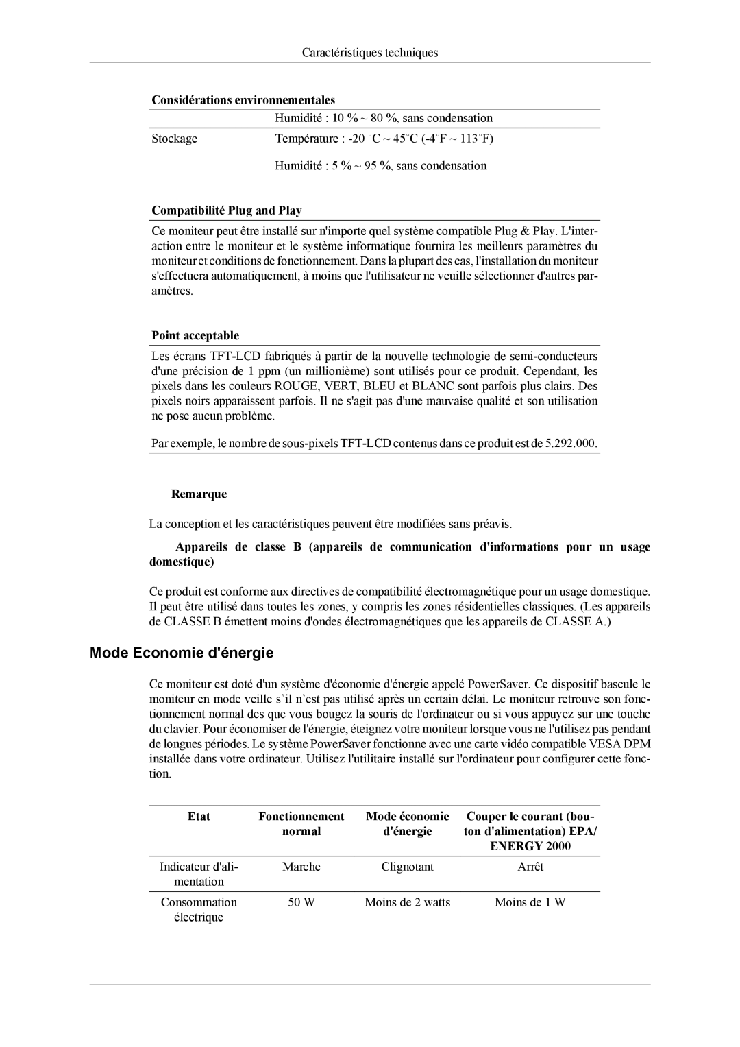 Samsung LS22TDDSUV/EN, LS20TDVSUV/EN, LS22TDVSUV/EN Mode Economie dénergie, Compatibilité Plug and Play, Point acceptable 