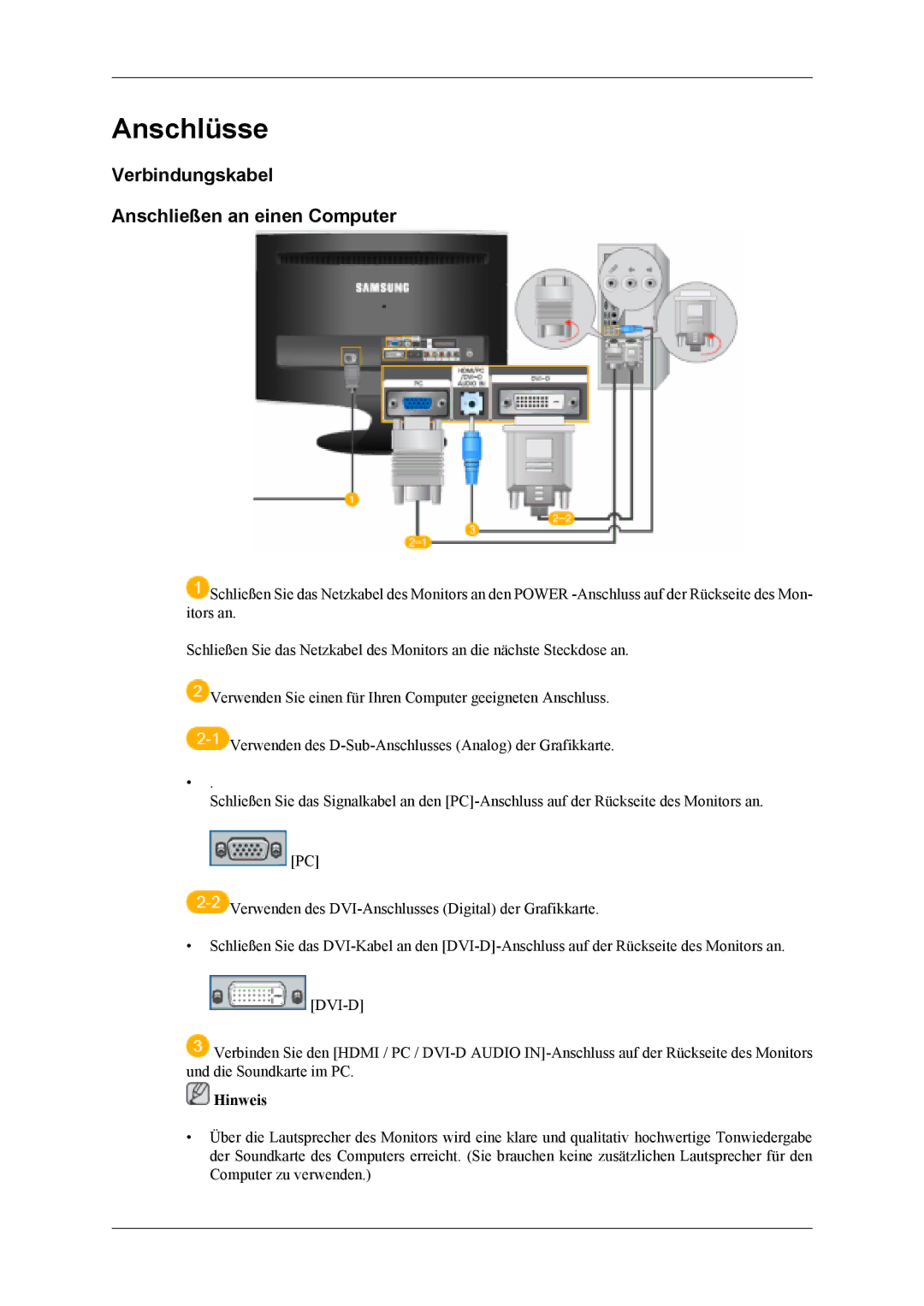 Samsung LS20TDDSUV/EN, LS20TDVSUV/EN, LS22TDVSUV/EN manual Anschlüsse, Verbindungskabel Anschließen an einen Computer 