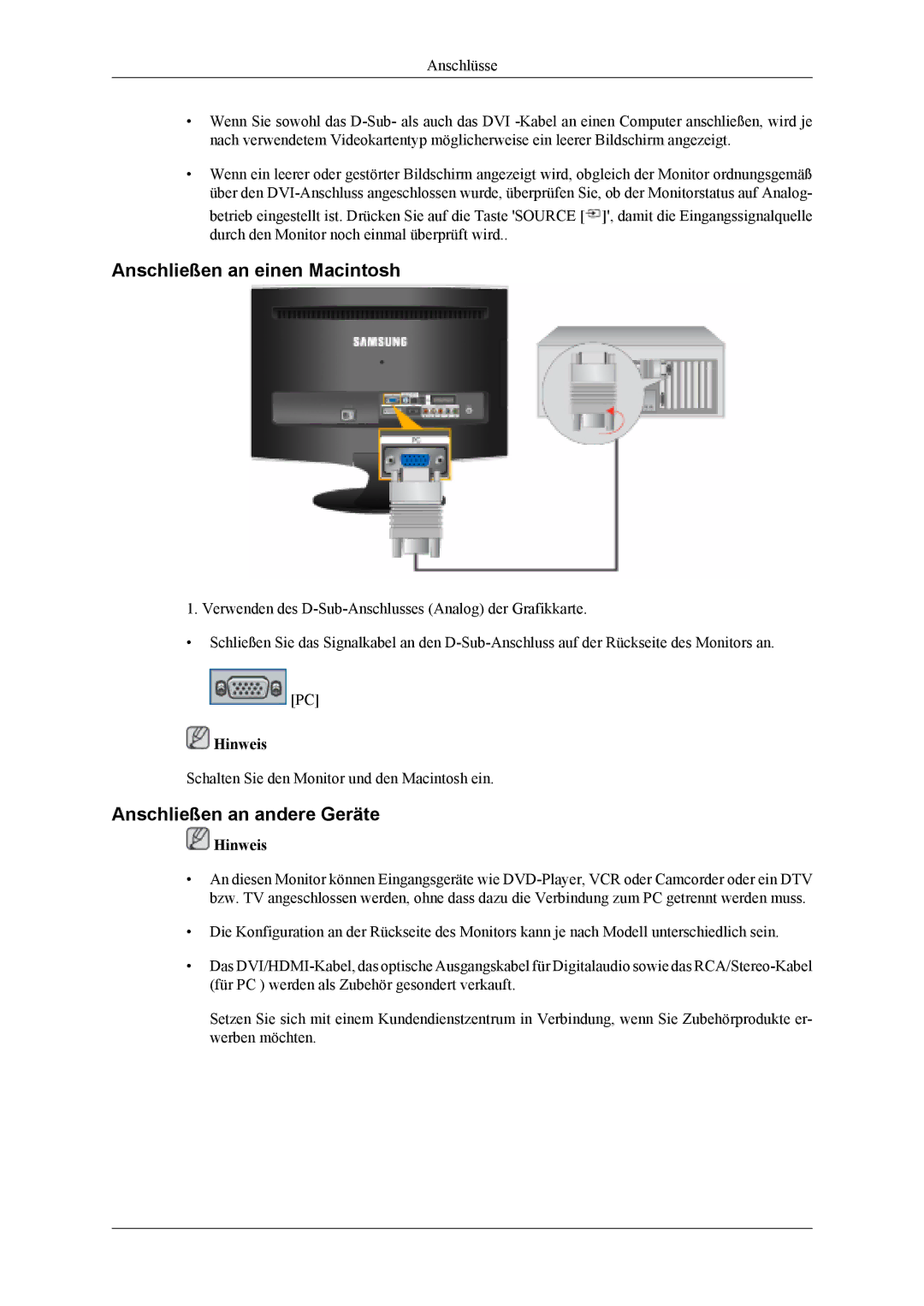 Samsung LS22TDDSUV/EN, LS20TDVSUV/EN, LS22TDVSUV/EN manual Anschließen an einen Macintosh, Anschließen an andere Geräte 