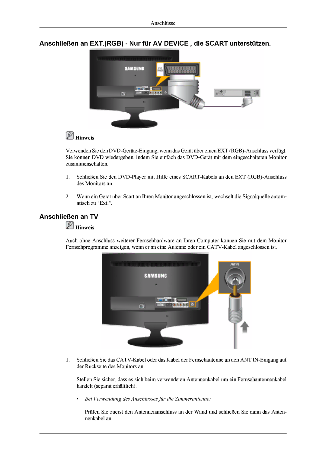 Samsung LS20TDVSUV/EN, LS22TDVSUV/EN, LS20TDDSUV/EN Anschließen an TV, Bei Verwendung des Anschlusses für die Zimmerantenne 