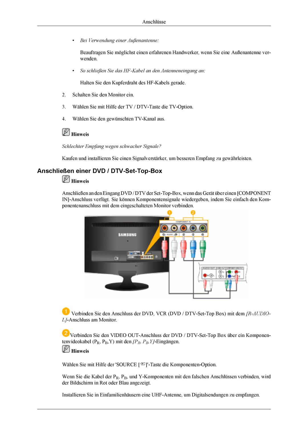 Samsung LS22TDVSUV/EN, LS20TDVSUV/EN manual Anschließen einer DVD / DTV-Set-Top-Box, Bei Verwendung einer Außenantenne 