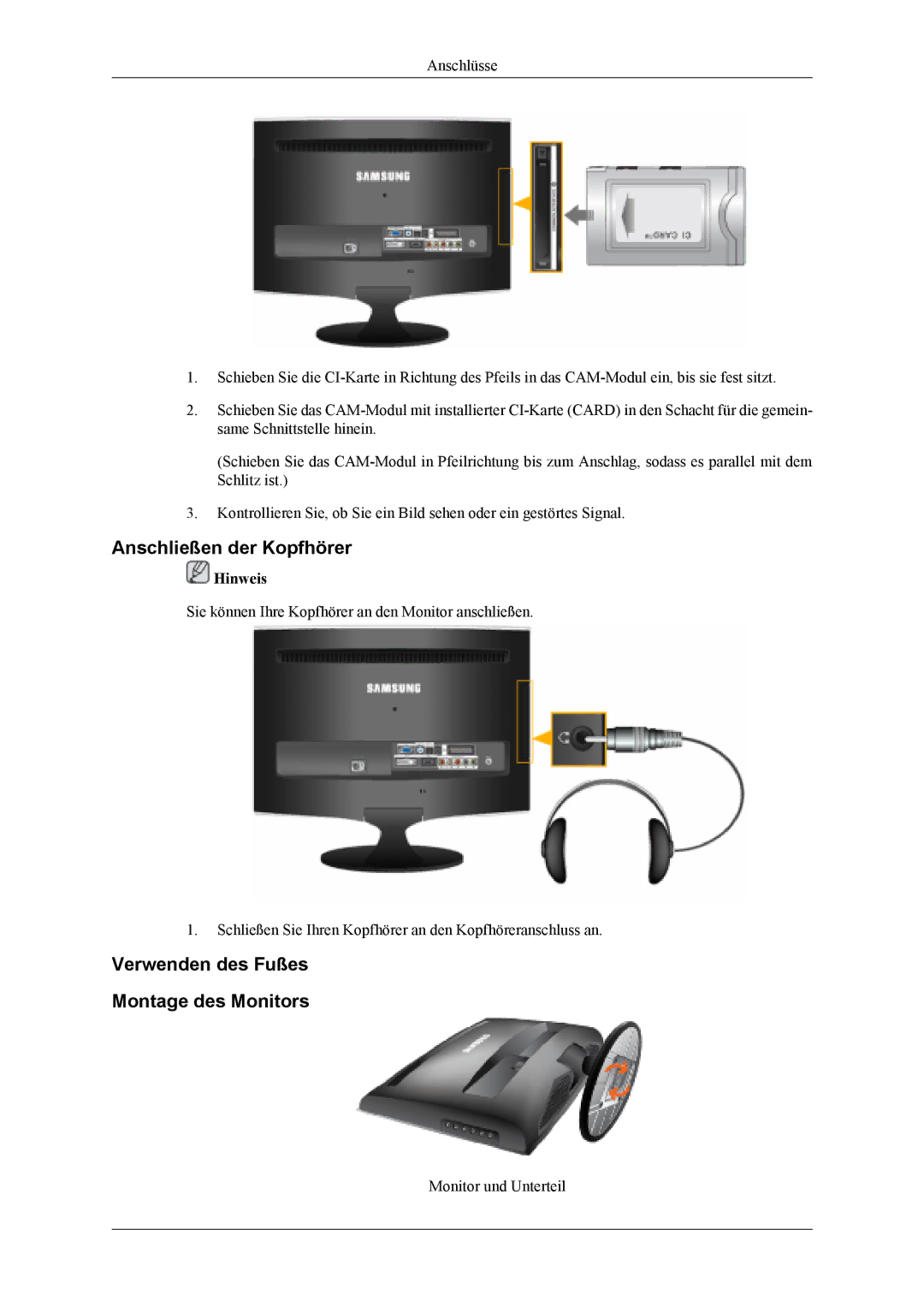 Samsung LS20TDVSUV/EN, LS22TDVSUV/EN, LS20TDDSUV/EN Anschließen der Kopfhörer, Verwenden des Fußes Montage des Monitors 