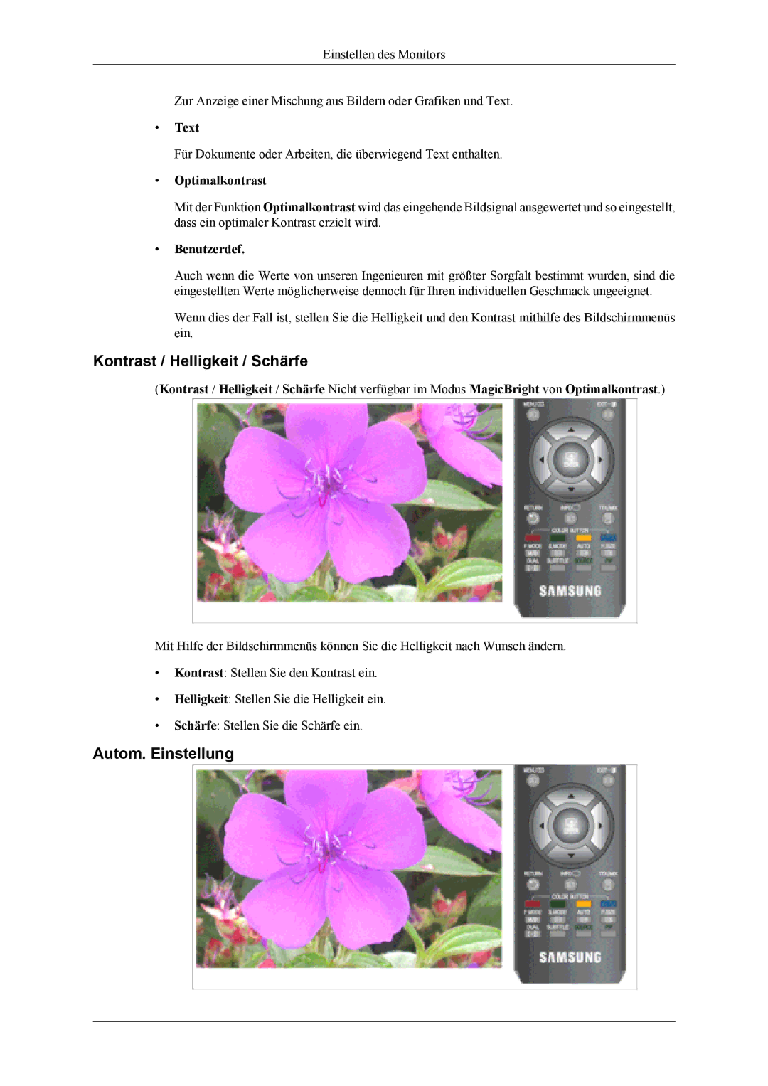 Samsung LS22TDVSUV/EN manual Kontrast / Helligkeit / Schärfe, Autom. Einstellung, Text, Optimalkontrast, Benutzerdef 