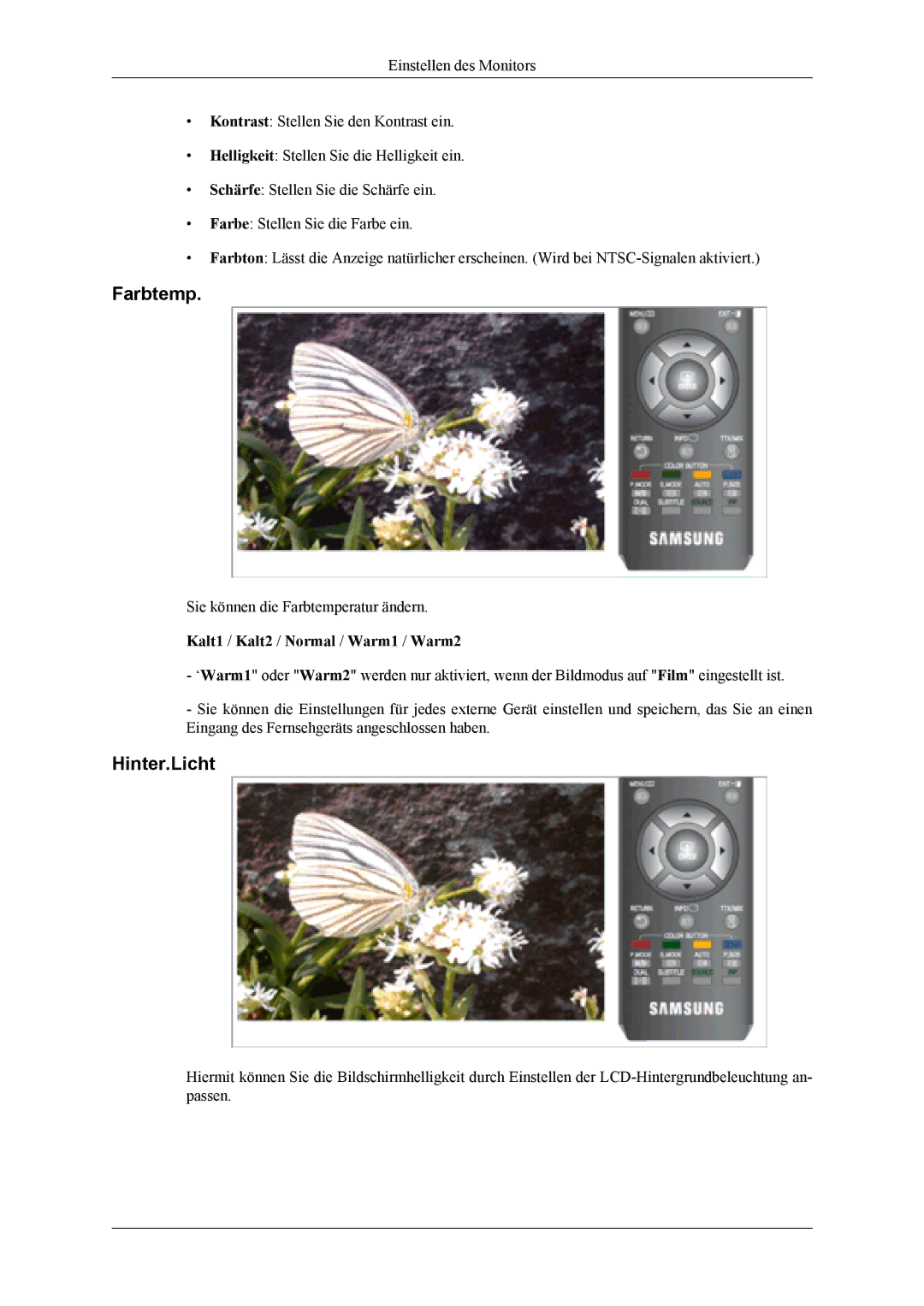 Samsung LS20TDDSUV/EN, LS20TDVSUV/EN, LS22TDVSUV/EN manual Farbtemp, Hinter.Licht, Kalt1 / Kalt2 / Normal / Warm1 / Warm2 