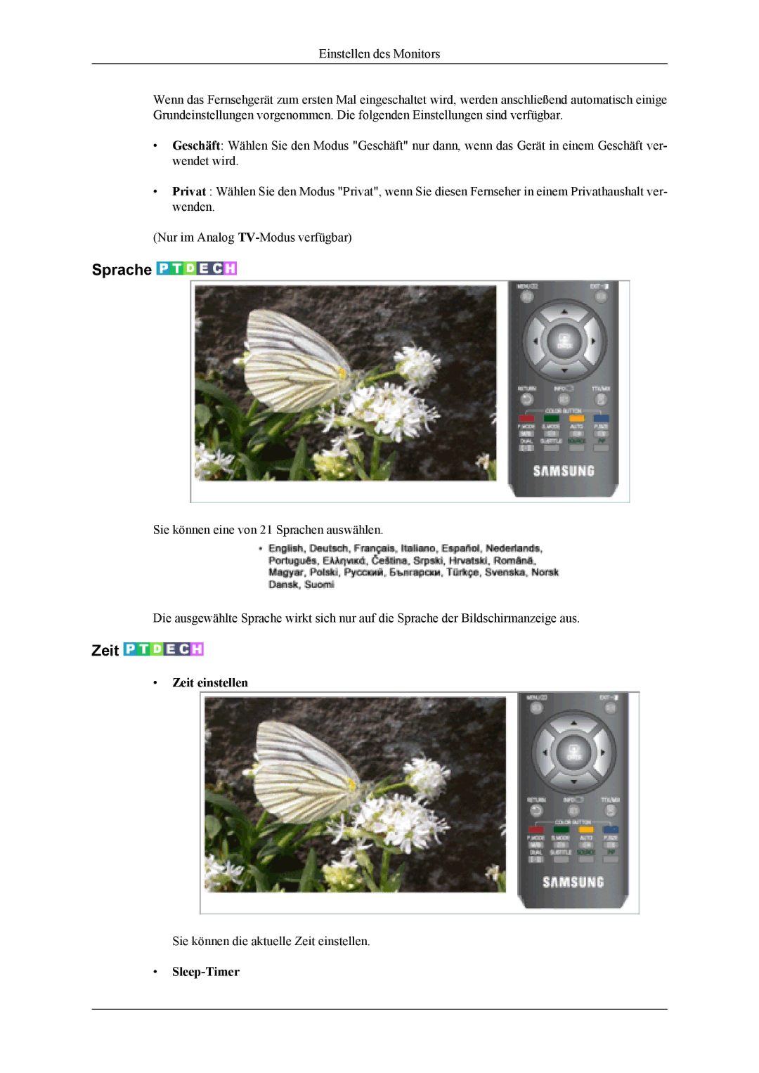 Samsung LS22TDVSUV/EN, LS20TDVSUV/EN, LS20TDDSUV/EN, LS22TDDSUV/EN manual Sprache, Zeit einstellen, Sleep-Timer 