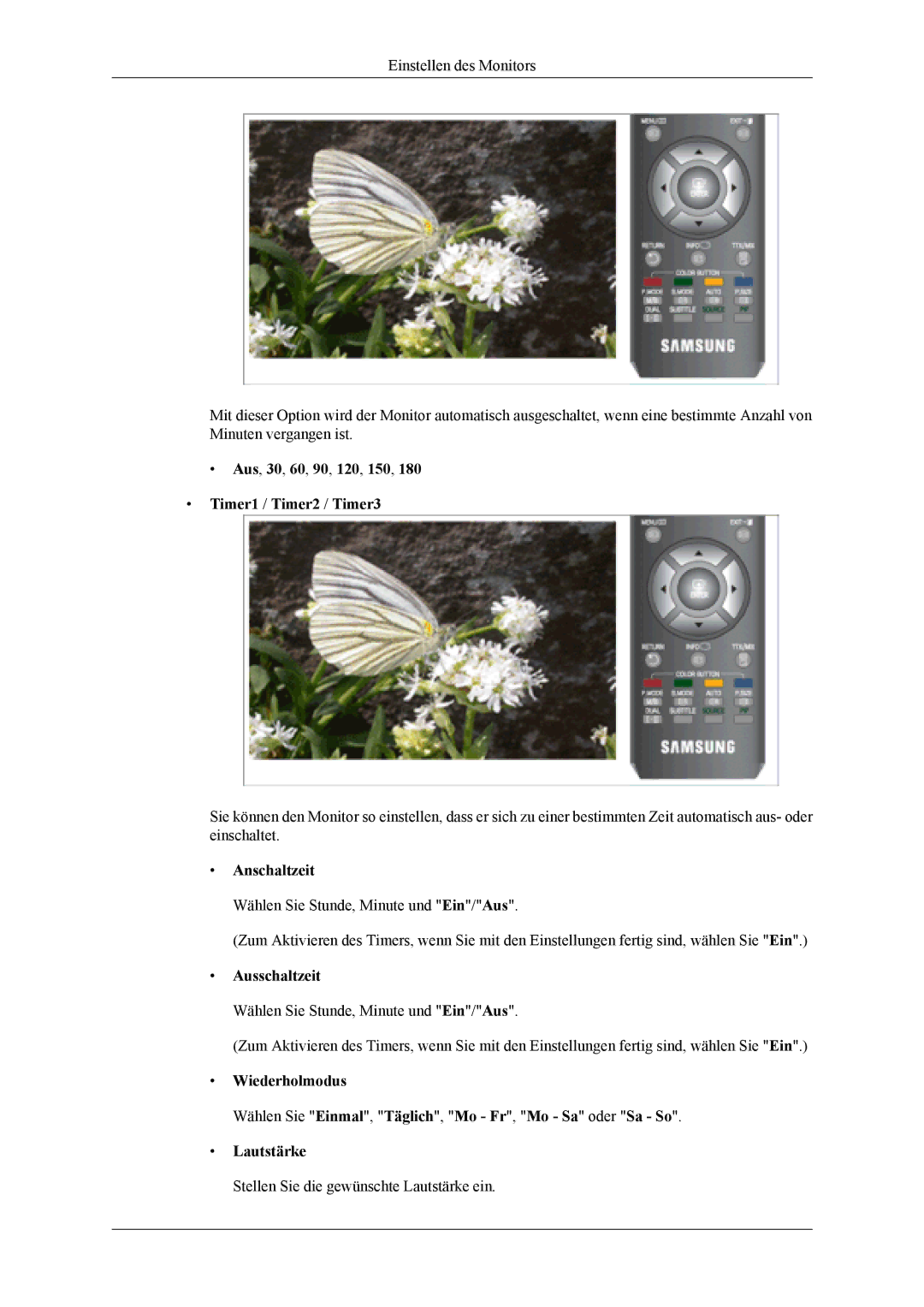 Samsung LS20TDDSUV/EN Aus, 30, 60, 90, 120, 150 Timer1 / Timer2 / Timer3, Anschaltzeit, Ausschaltzeit, Wiederholmodus 