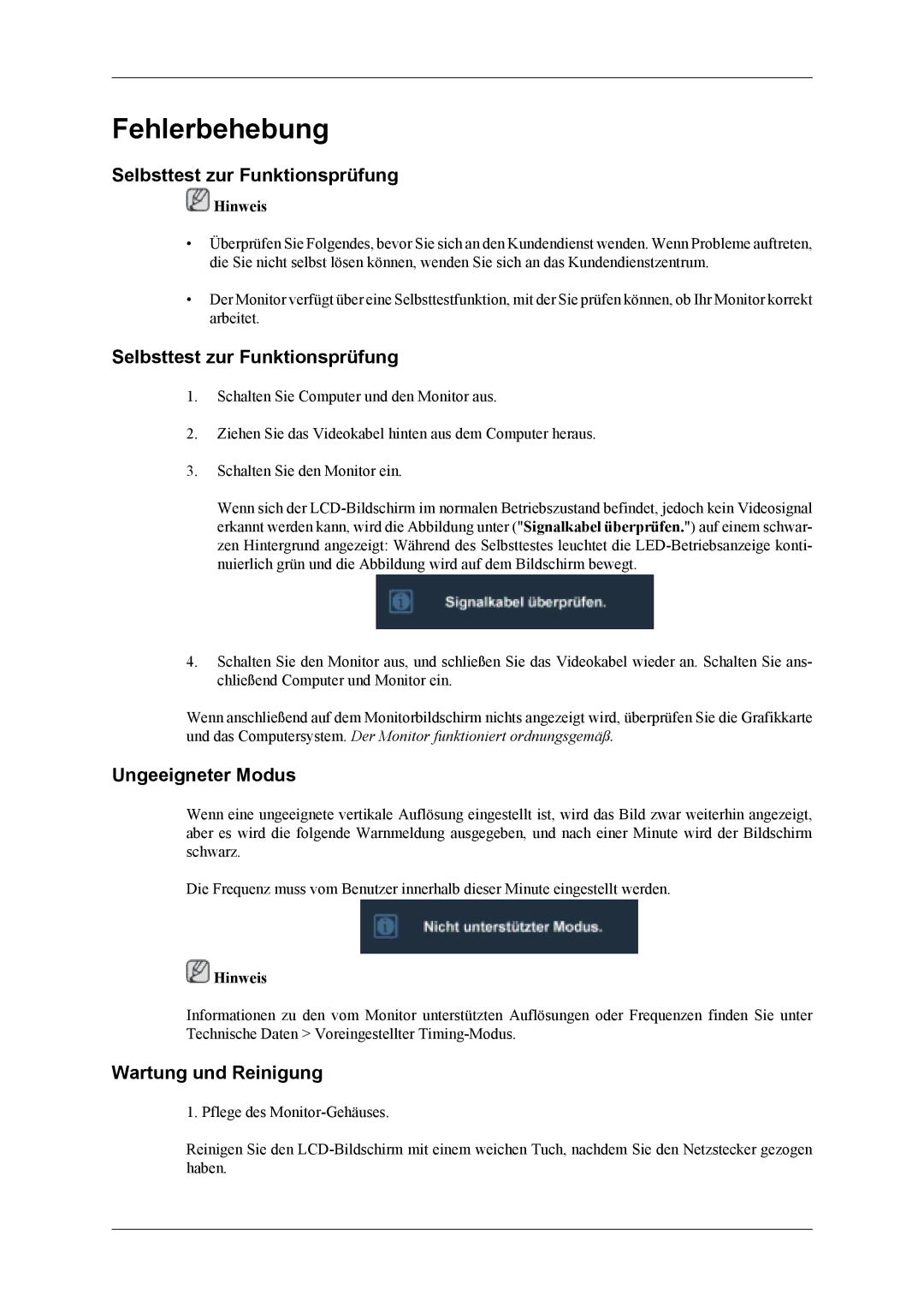 Samsung LS20TDVSUV/EN manual Fehlerbehebung, Selbsttest zur Funktionsprüfung, Ungeeigneter Modus, Wartung und Reinigung 