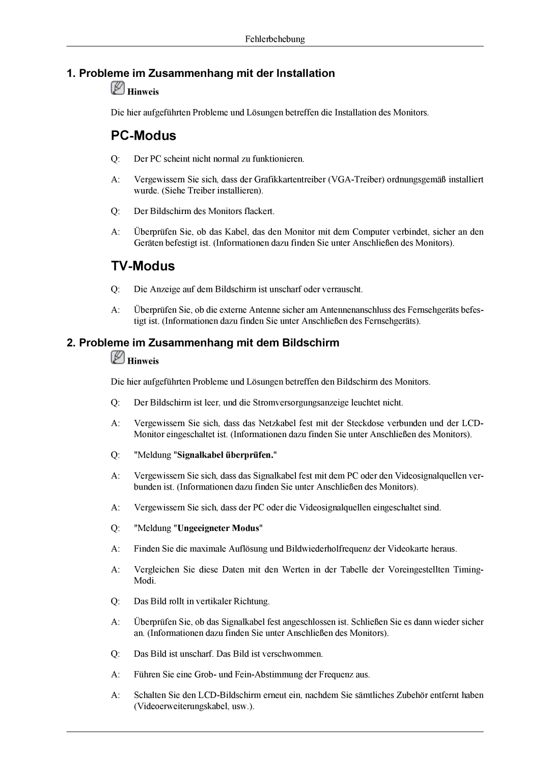 Samsung LS20TDDSUV/EN manual Probleme im Zusammenhang mit der Installation, Probleme im Zusammenhang mit dem Bildschirm 