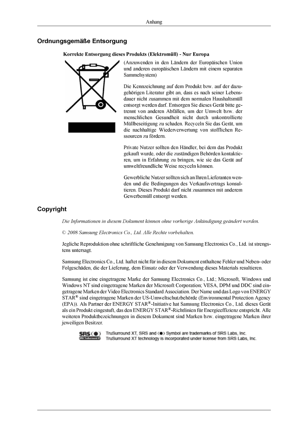 Samsung LS20TDVSUV/EN Ordnungsgemäße Entsorgung, Copyright, Korrekte Entsorgung dieses Produkts Elektromüll Nur Europa 