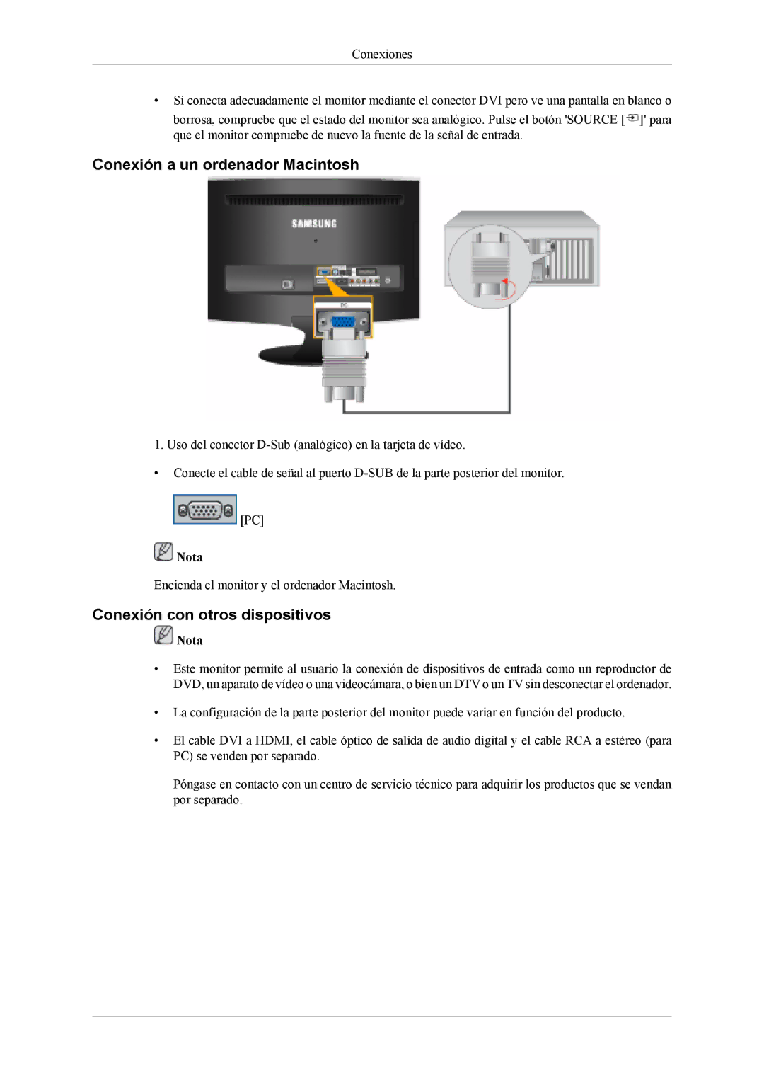 Samsung LS20TDDSUV/EN, LS20TDVSUV/EN, LS22TDVSUV/EN manual Conexión a un ordenador Macintosh, Conexión con otros dispositivos 