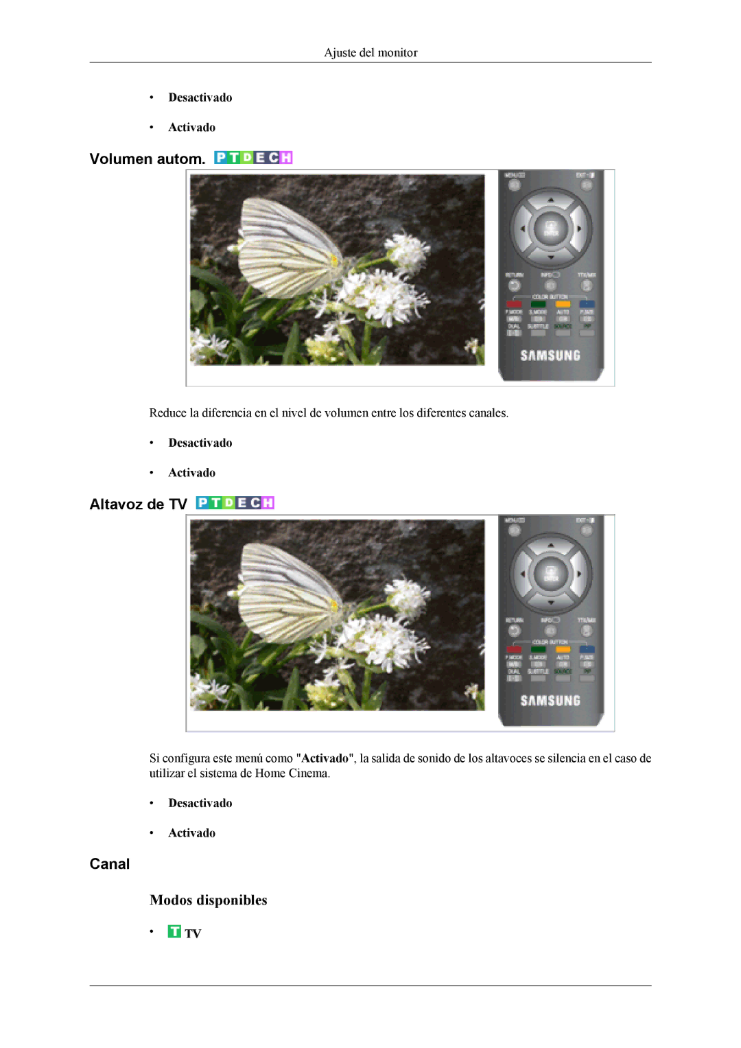 Samsung LS20TDDSUV/EN, LS20TDVSUV/EN, LS22TDVSUV/EN, LS22TDDSUV/EN Volumen autom, Altavoz de TV, Canal, Desactivado Activado 