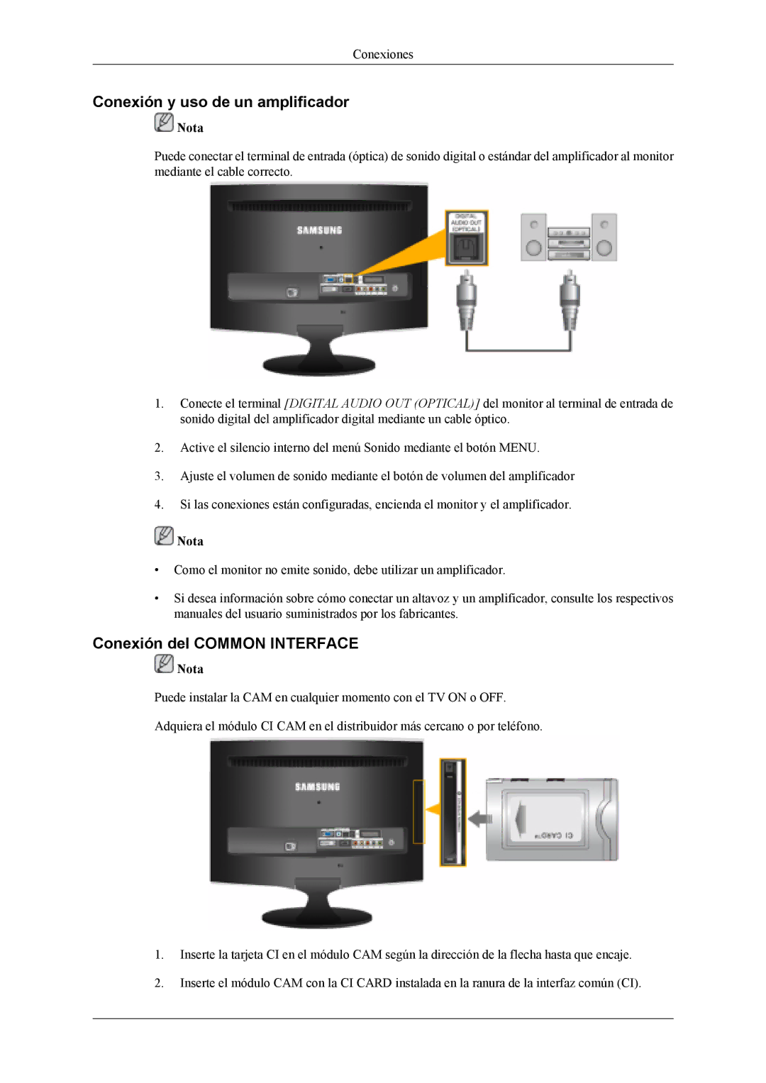 Samsung LS20TDDSUV/EN, LS20TDVSUV/EN, LS22TDVSUV/EN manual Conexión y uso de un amplificador, Conexión del Common Interface 