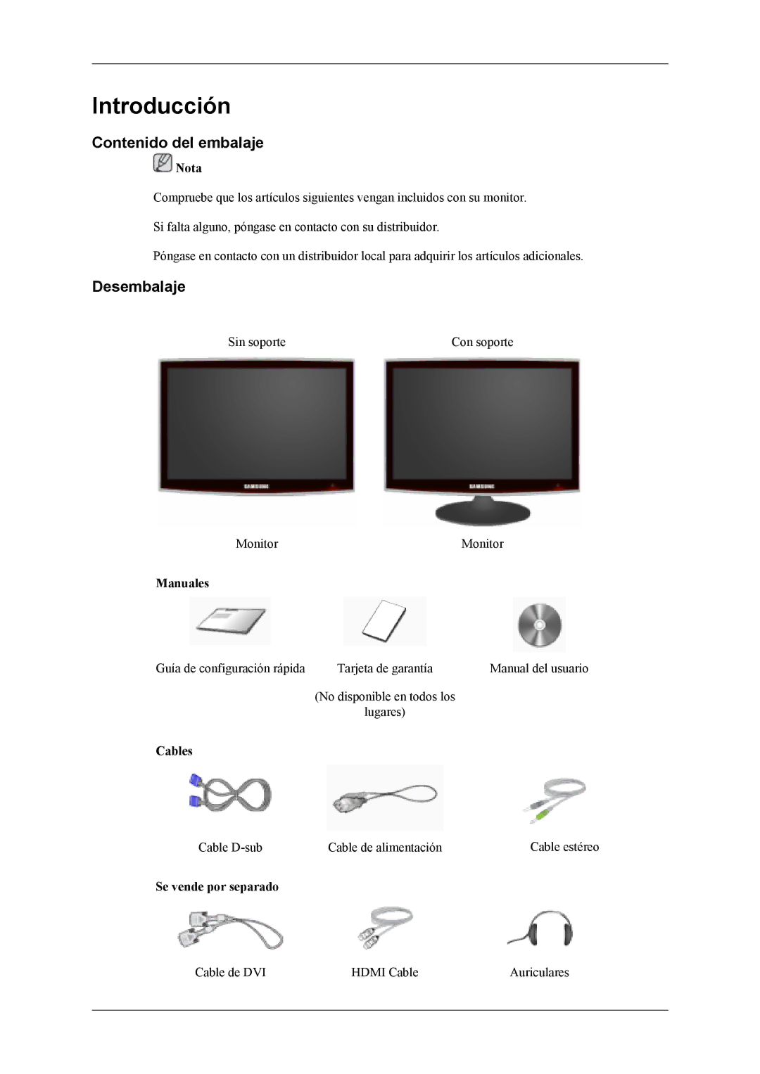 Samsung LS20TDDSUV/EN, LS20TDVSUV/EN, LS22TDVSUV/EN, LS22TDDSUV/EN manual Contenido del embalaje, Desembalaje 