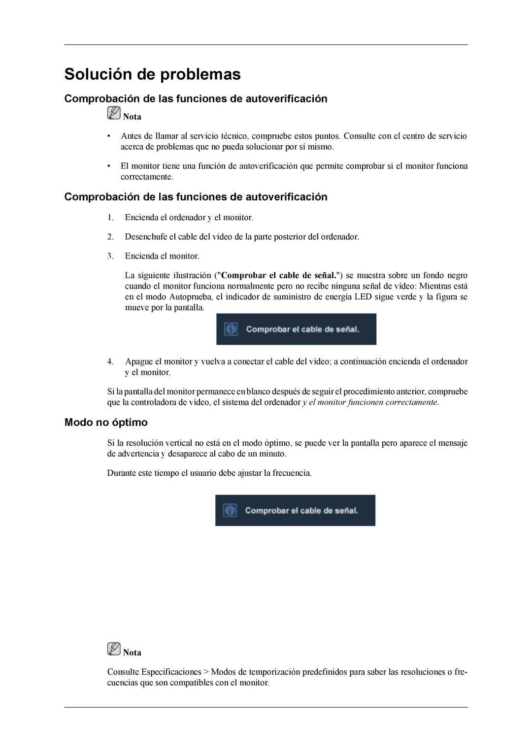 Samsung LS22TDVSUV/EN, LS20TDVSUV/EN, LS20TDDSUV/EN manual Comprobación de las funciones de autoverificación, Modo no óptimo 