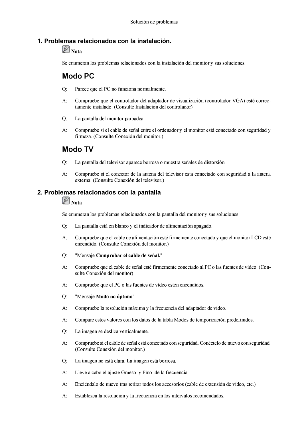 Samsung LS22TDDSUV/EN, LS20TDVSUV/EN Problemas relacionados con la instalación, Problemas relacionados con la pantalla 