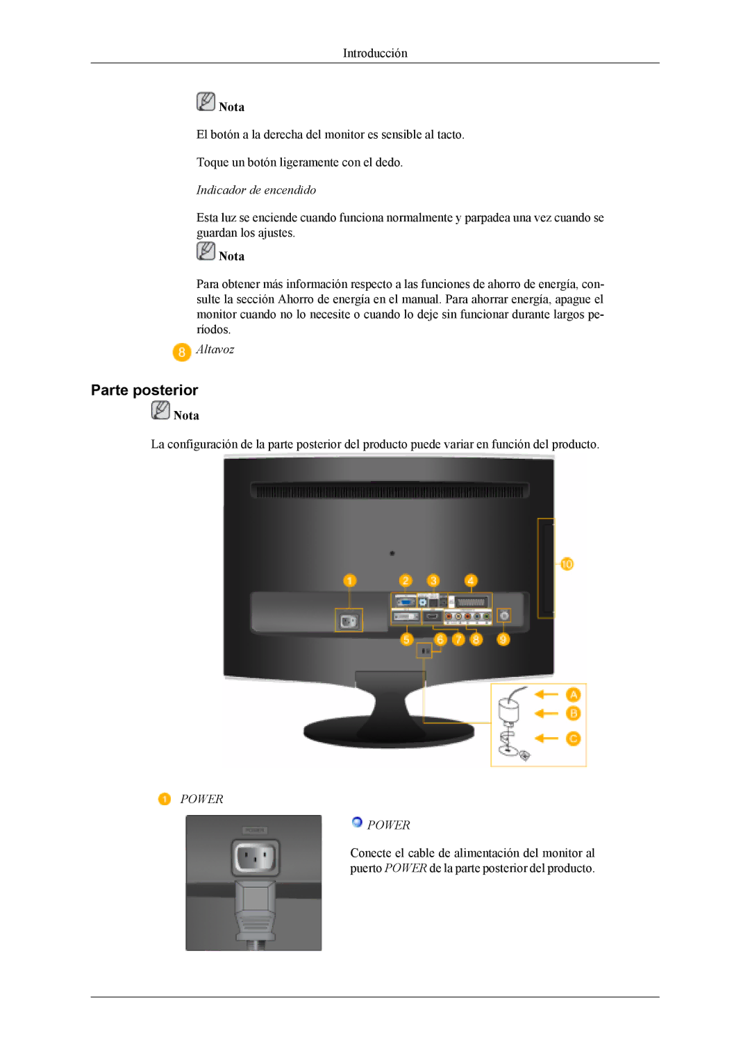 Samsung LS22TDVSUV/EN, LS20TDVSUV/EN, LS20TDDSUV/EN, LS22TDDSUV/EN Parte posterior, Indicador de encendido, Altavoz, Power 