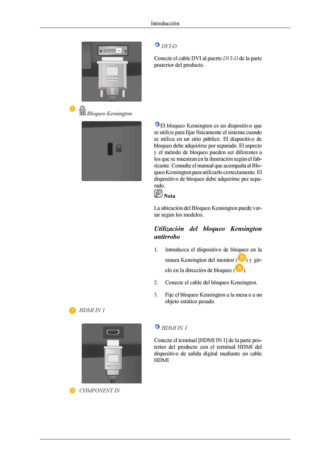 Samsung LS22TDDSUV/EN, LS20TDVSUV/EN, LS22TDVSUV/EN, LS20TDDSUV/EN manual Dvi-D, Bloqueo Kensington, Hdmi, Component 