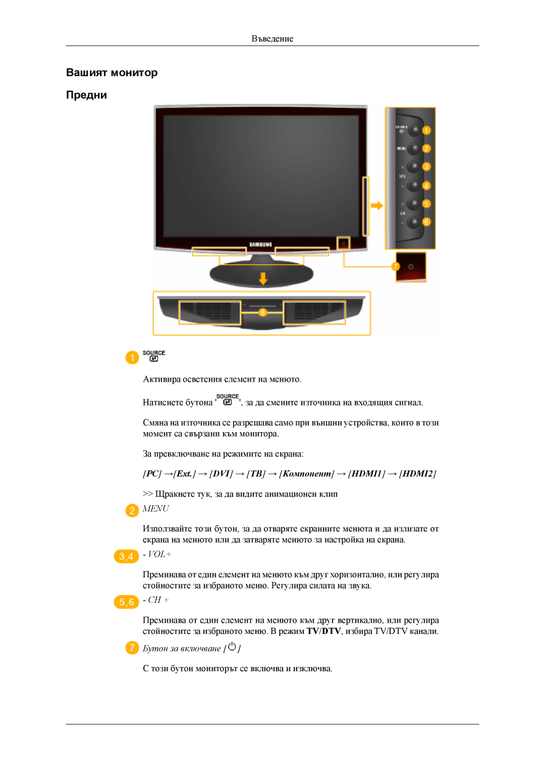 Samsung LS20TDVSUV/EN, LS22TDVSUV/EN, LS20TDDSUV/EN Вашият монитор Предни, PC →Ext. → DVI → ТВ → Компонент → HDMI1 → HDMI2 