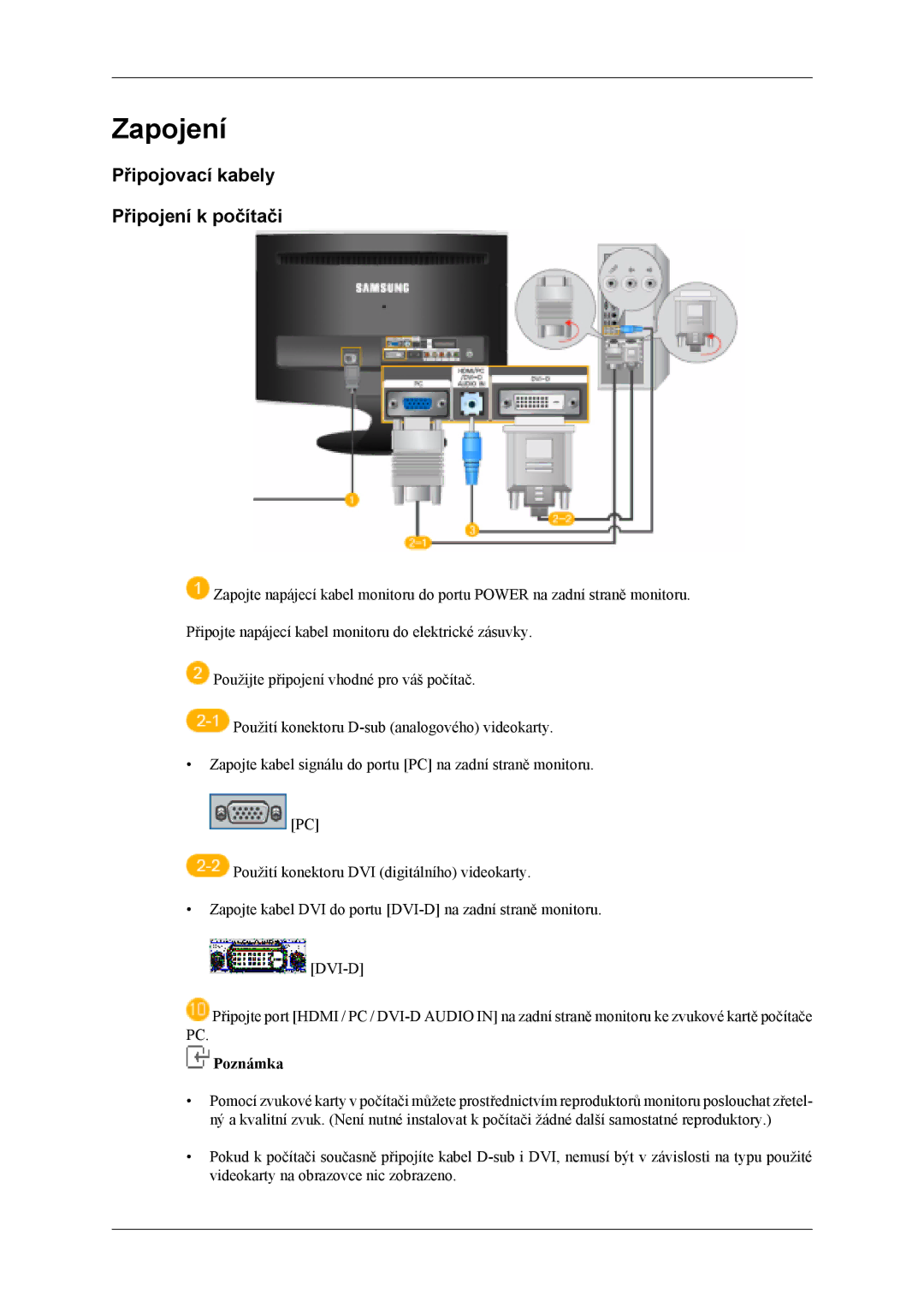 Samsung LS22TDVSUV/EN, LS20TDVSUV/EN, LS20TDDSUV/EN, LS22TDDSUV/EN manual Zapojení, Připojovací kabely Připojení k počítači 