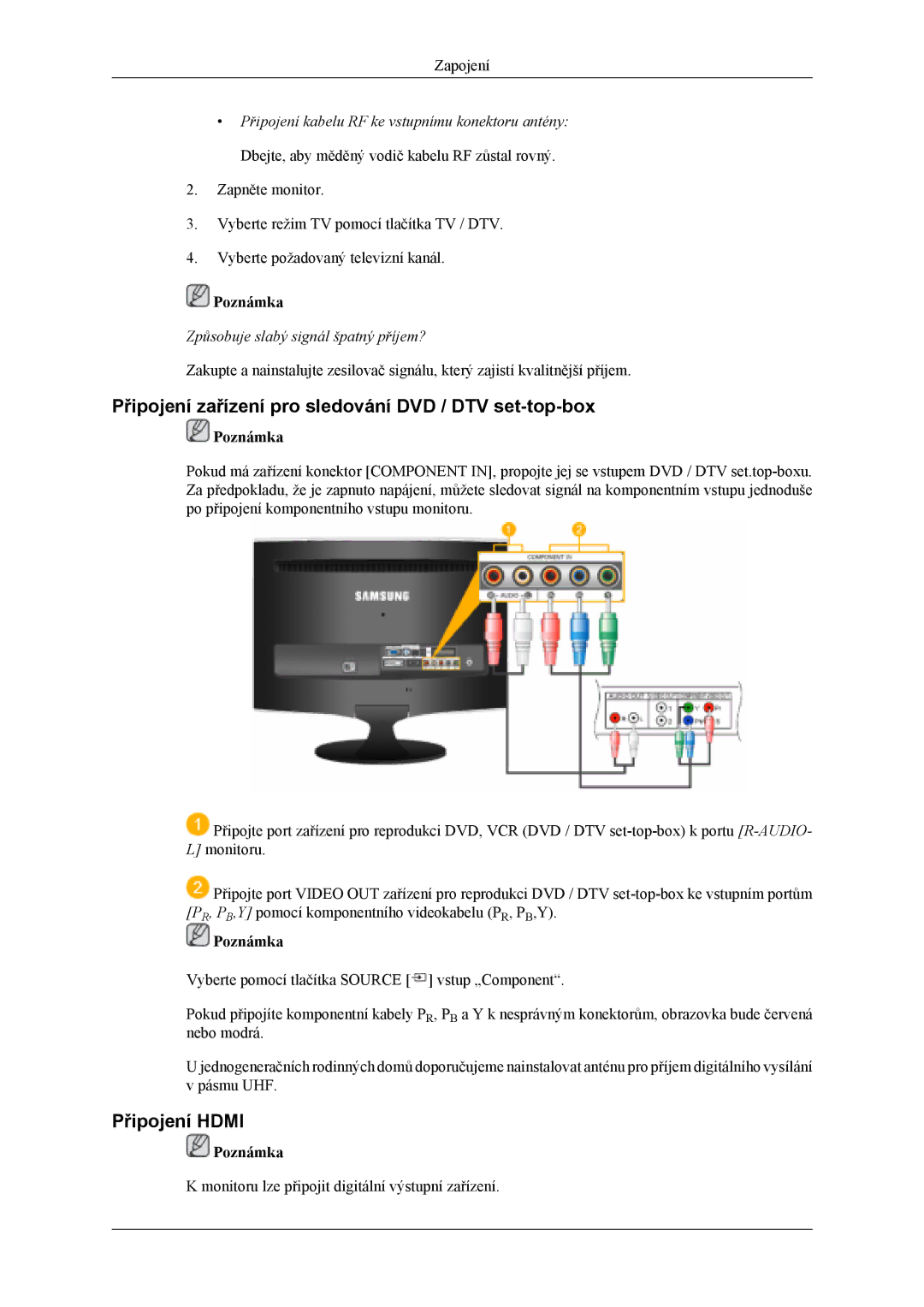 Samsung LS20TDVSUV/EN, LS22TDVSUV/EN, LS20TDDSUV/EN Připojení zařízení pro sledování DVD / DTV set-top-box, Připojení Hdmi 