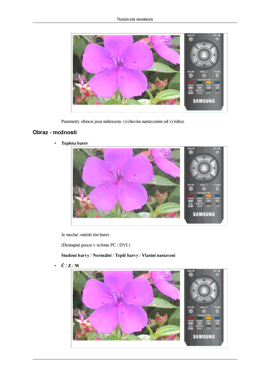 Samsung LS20TDDSUV/EN manual Obraz možnosti, Teplota barev, Studené barvy / Normální / Teplé barvy / Vlastní nastavení 