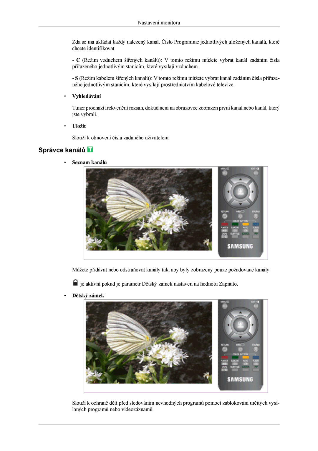 Samsung LS22TDVSUV/EN, LS20TDVSUV/EN, LS20TDDSUV/EN manual Správce kanálů, Vyhledávání, Uložit, Seznam kanálů, Dětský zámek 