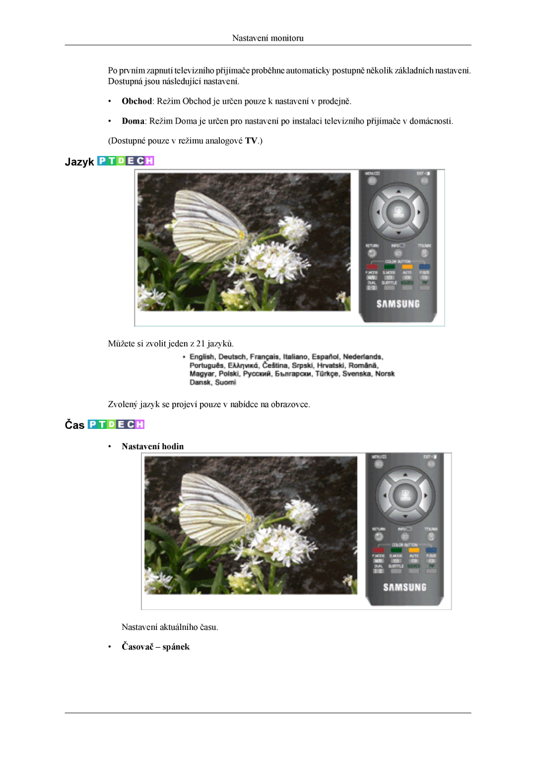 Samsung LS20TDVSUV/EN, LS22TDVSUV/EN, LS20TDDSUV/EN, LS22TDDSUV/EN manual Jazyk, Nastavení hodin, Časovač spánek 