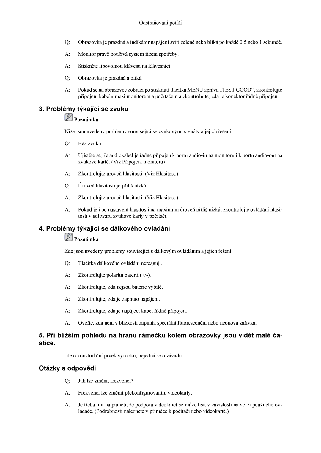 Samsung LS20TDDSUV/EN manual Problémy týkající se zvuku, Problémy týkající se dálkového ovládání, Otázky a odpovědi 