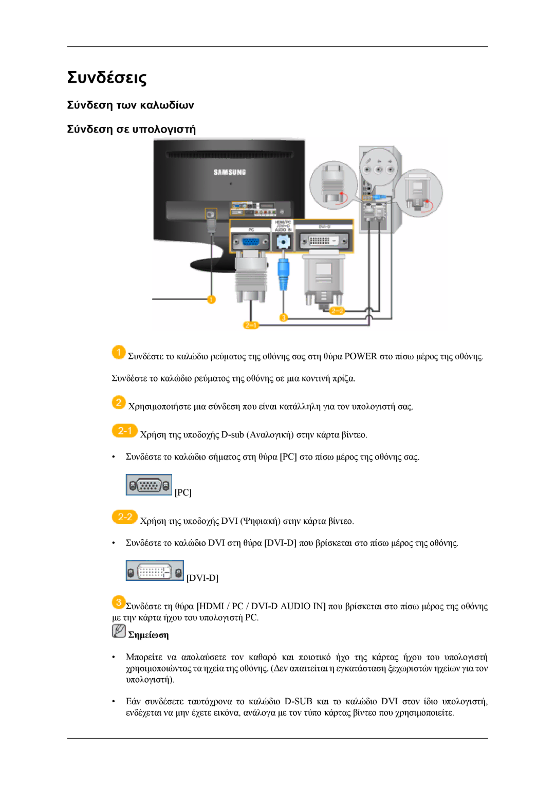 Samsung LS20TDDSUV/EN, LS20TDVSUV/EN, LS22TDVSUV/EN, LS22TDDSUV/EN Συνδέσεις, Σύνδεση των καλωδίων Σύνδεση σε υπολογιστή 