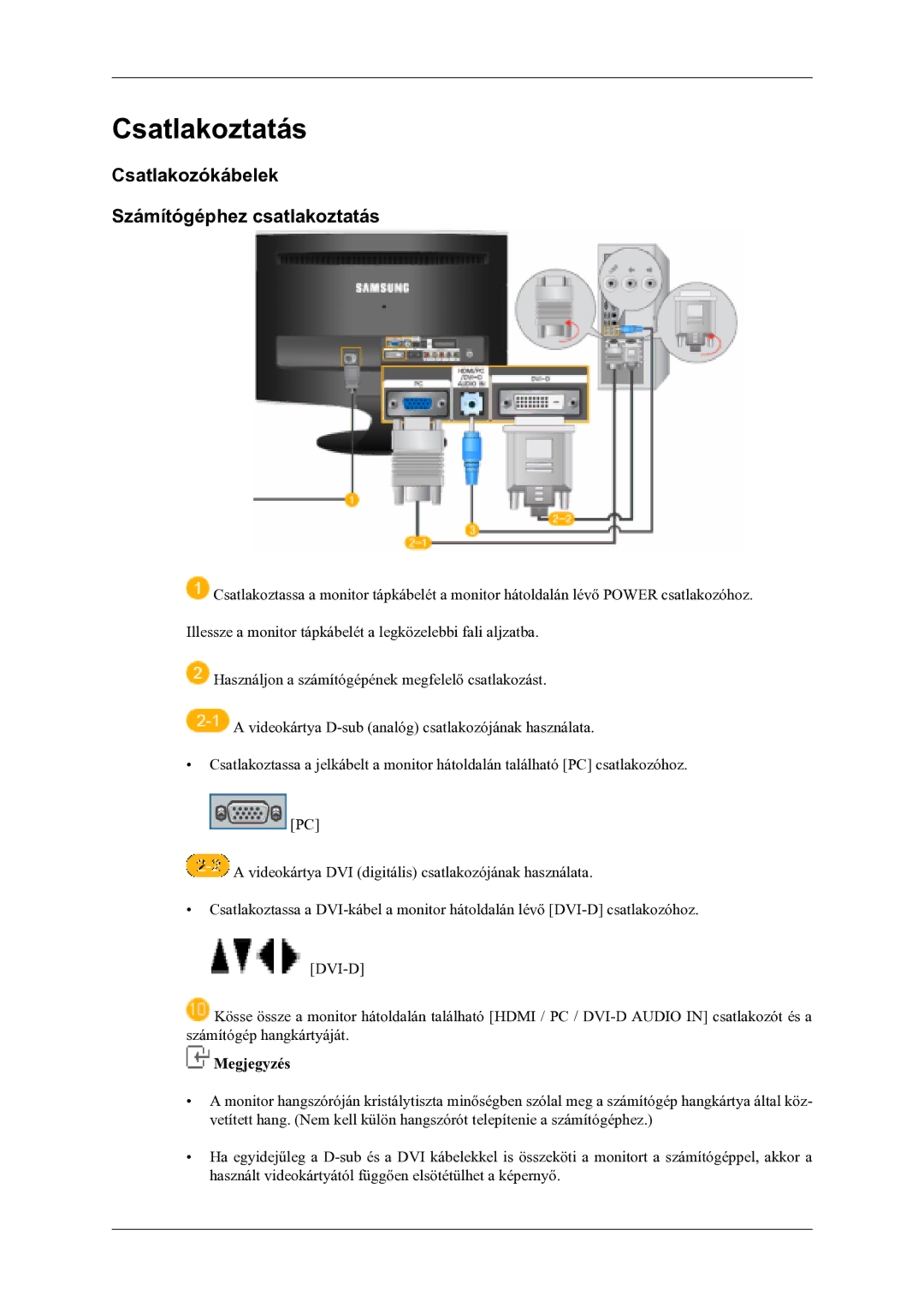 Samsung LS20TDVSUV/EN, LS22TDVSUV/EN, LS20TDDSUV/EN manual Csatlakoztatás, Csatlakozókábelek Számítógéphez csatlakoztatás 