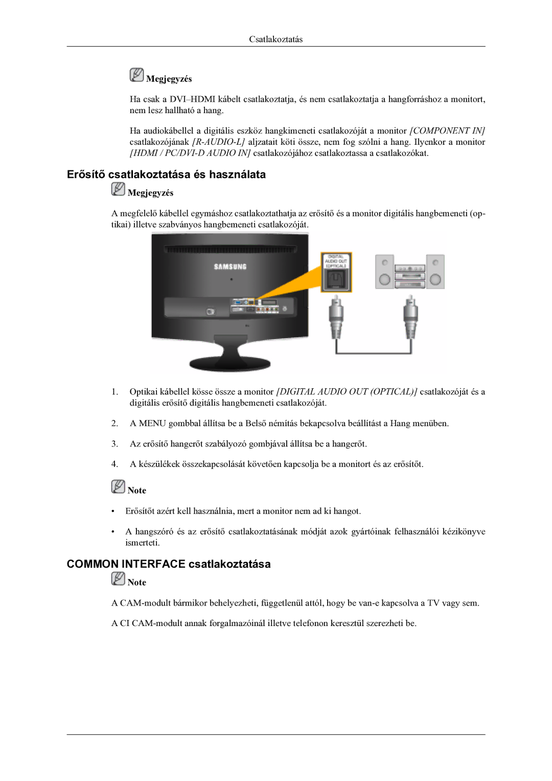 Samsung LS22TDVSUV/EN, LS20TDVSUV/EN, LS20TDDSUV/EN Erősítő csatlakoztatása és használata, Common Interface csatlakoztatása 