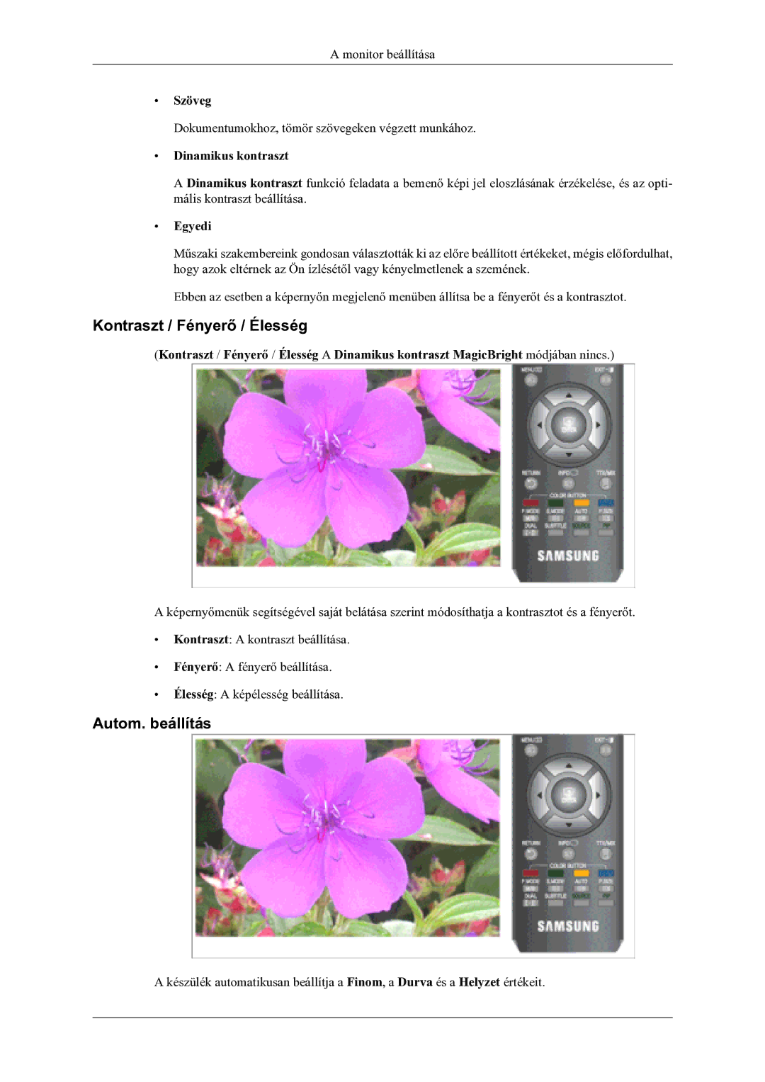 Samsung LS22TDDSUV/EN, LS20TDVSUV/EN Kontraszt / Fényerő / Élesség, Autom. beállítás, Szöveg, Dinamikus kontraszt, Egyedi 