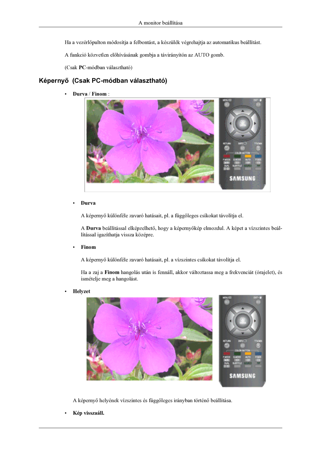 Samsung LS20TDVSUV/EN, LS22TDVSUV/EN manual Képernyő Csak PC-módban választható, Durva / Finom, Helyzet, Kép visszaáll 