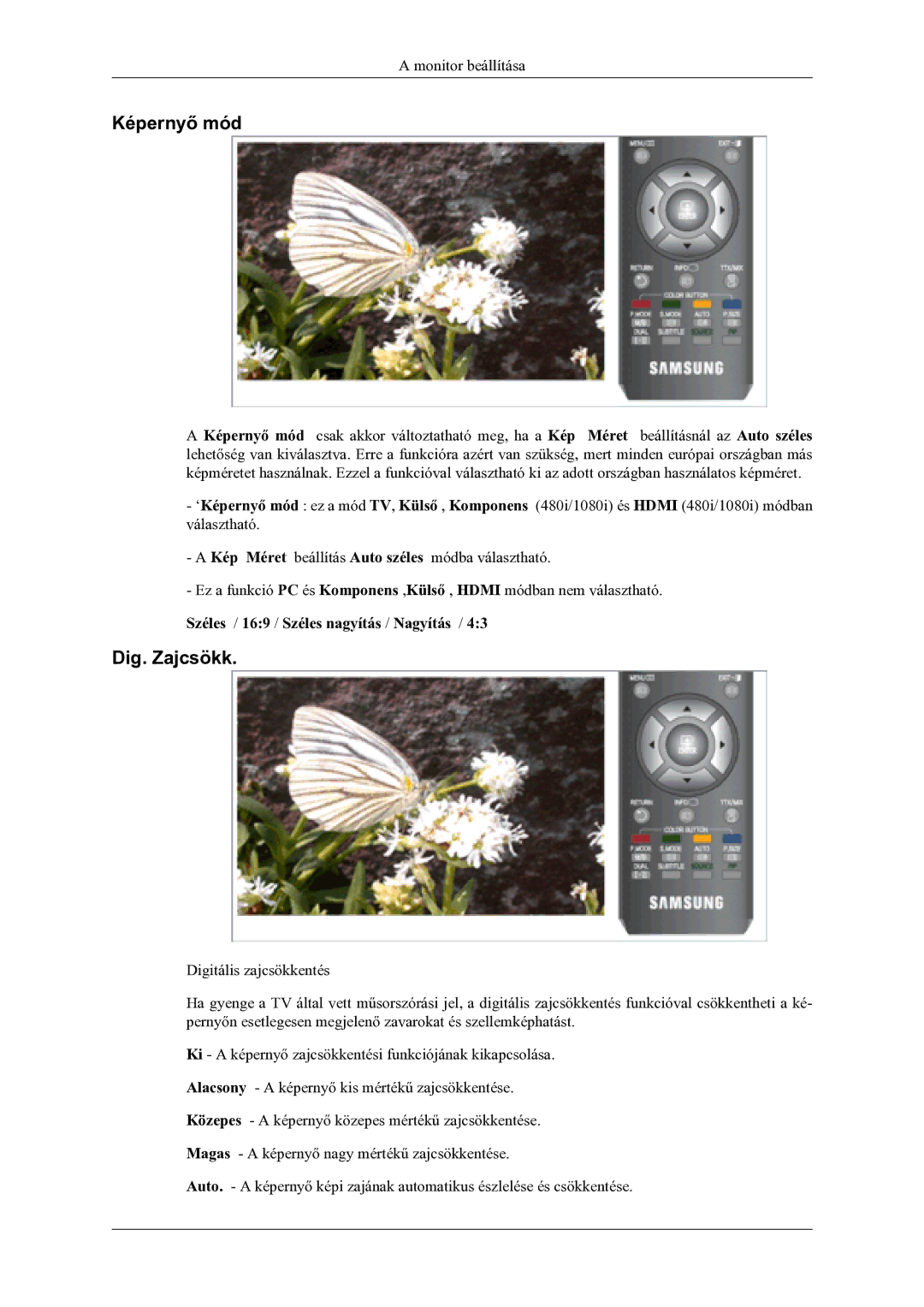 Samsung LS20TDDSUV/EN, LS20TDVSUV/EN, LS22TDVSUV/EN Képernyő mód, Dig. Zajcsökk, Széles / 169 / Széles nagyítás / Nagyítás 