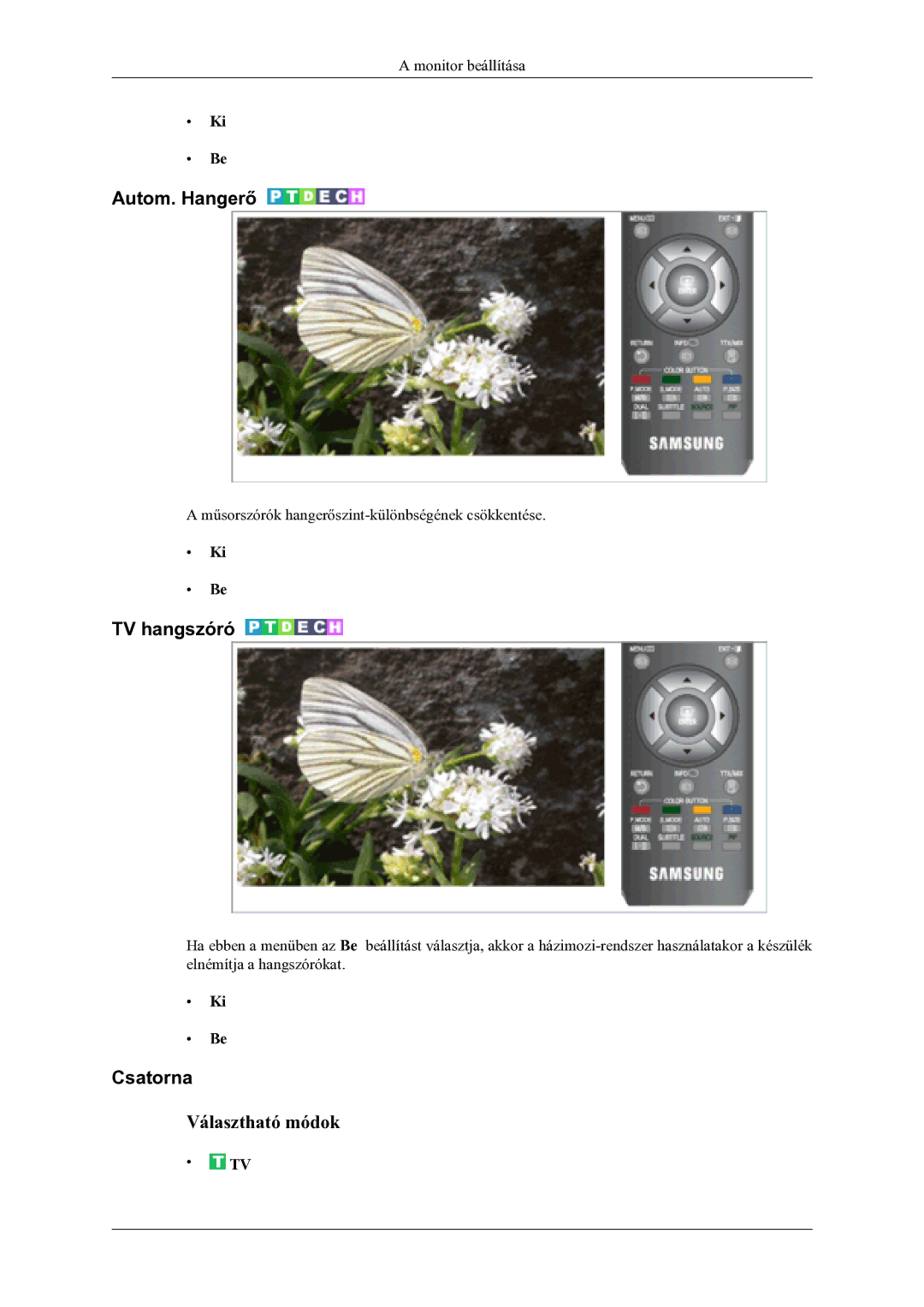 Samsung LS22TDVSUV/EN, LS20TDVSUV/EN, LS20TDDSUV/EN, LS22TDDSUV/EN manual Autom. Hangerő, TV hangszóró, Csatorna 