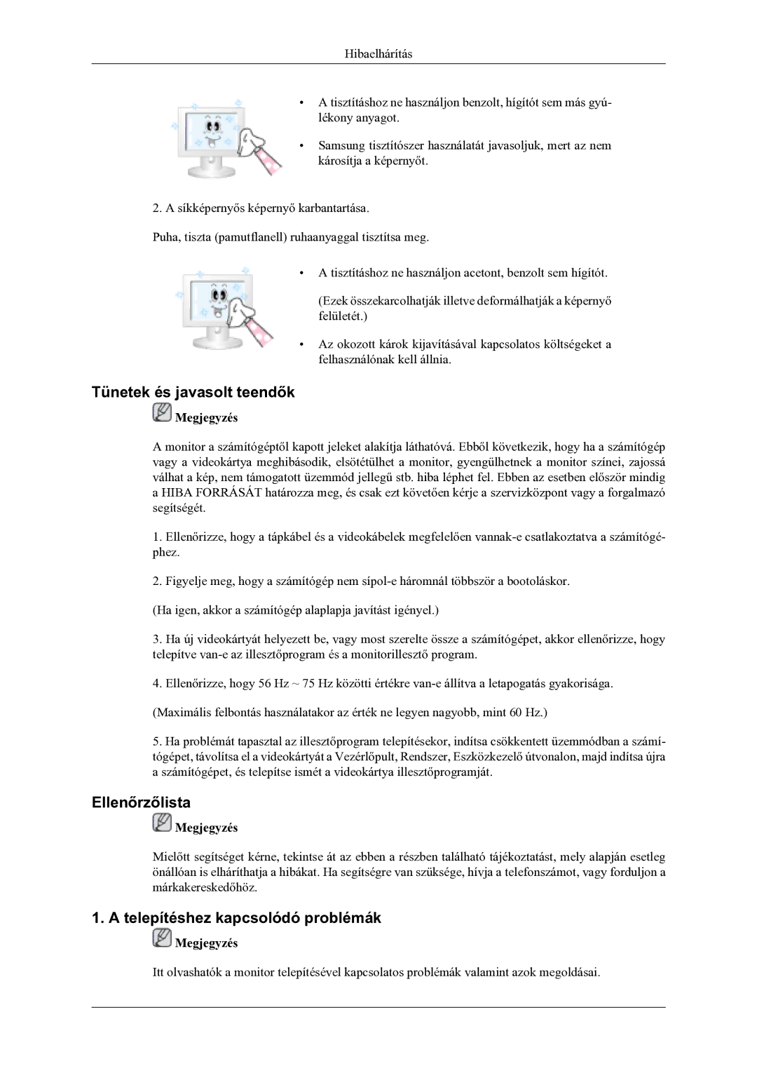 Samsung LS22TDDSUV/EN, LS20TDVSUV/EN manual Tünetek és javasolt teendők, Ellenőrzőlista, Telepítéshez kapcsolódó problémák 