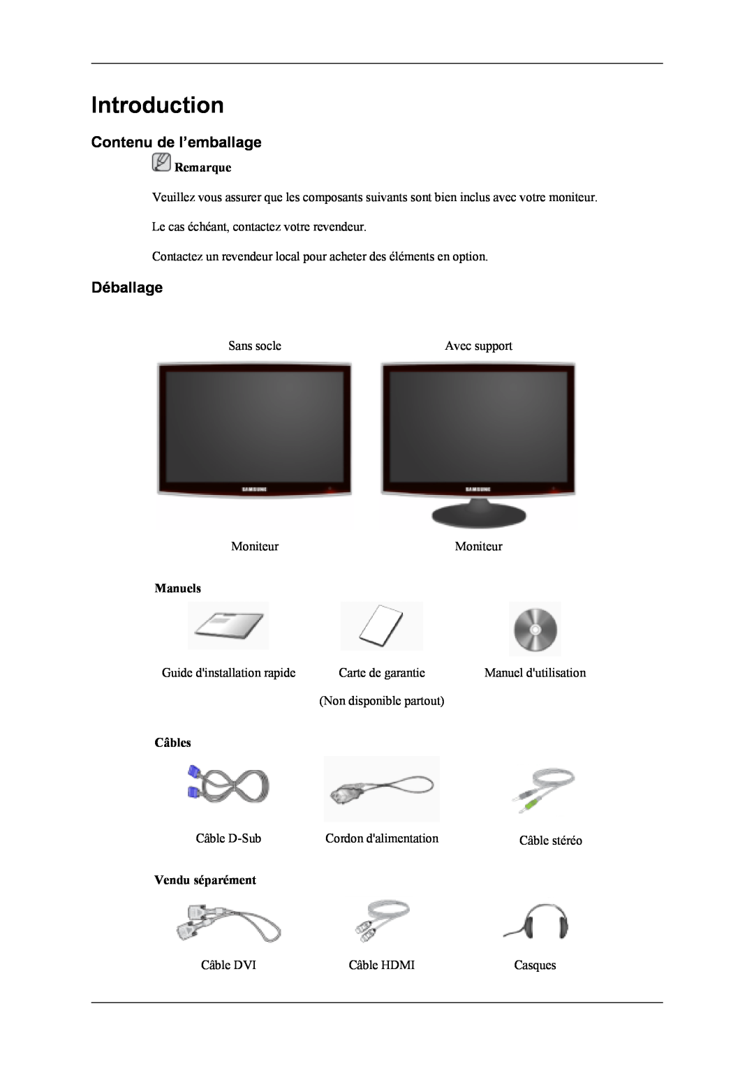 Samsung LS20TDDSUV/EN manual Introduction, Contenu de l’emballage, Déballage, Remarque, Manuels, Câbles, Vendu séparément 
