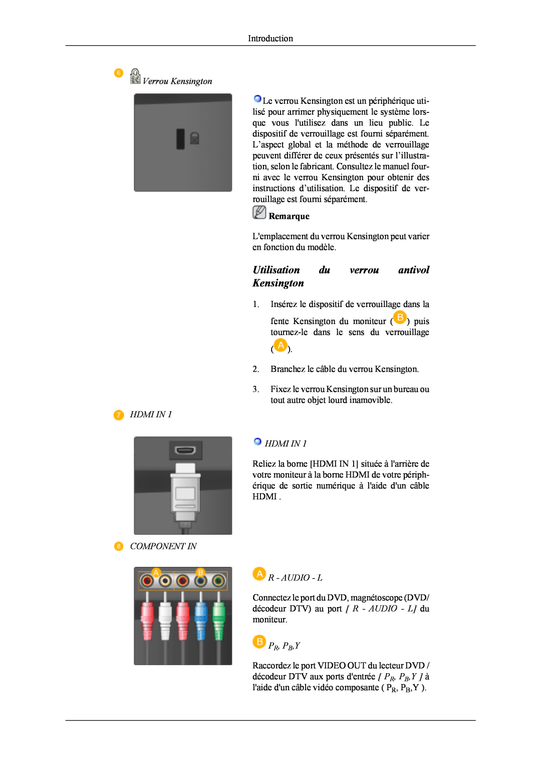 Samsung LS22TDDSUV/EN manual Utilisation du verrou antivol Kensington, Verrou Kensington, Hdmi In Hdmi In, Pr, Pb,Y 