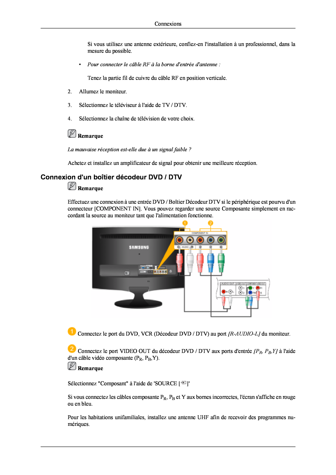 Samsung LS20TDVSUV/EN Connexion dun boîtier décodeur DVD / DTV, La mauvaise réception est-elle due à un signal faible ? 