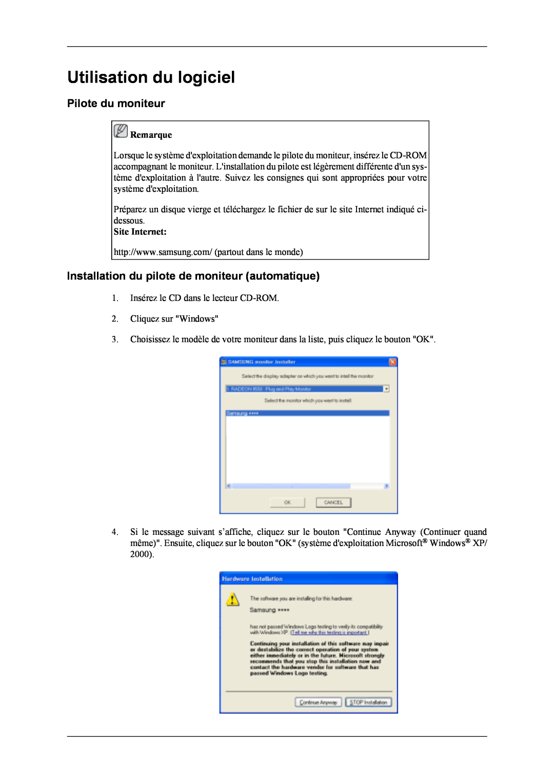Samsung LS22TDVSUV/EN manual Utilisation du logiciel, Pilote du moniteur, Installation du pilote de moniteur automatique 