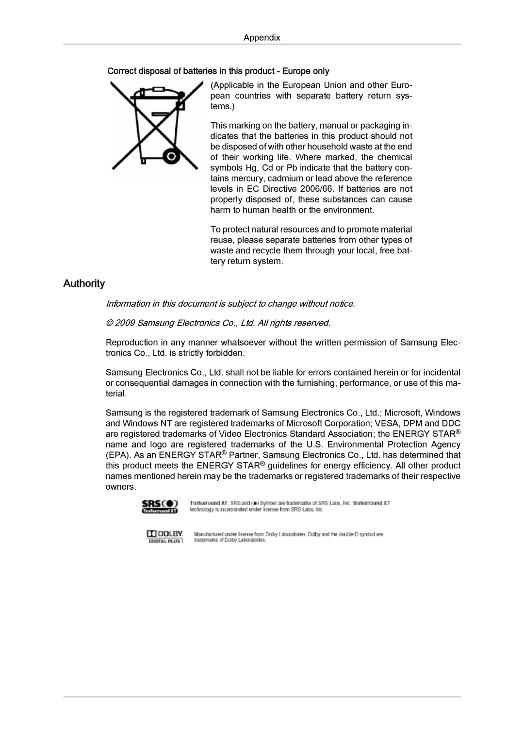 Samsung LS24TDVSUV/EN, LS20TDVSUV/EN, LS24TDDSUV/EN Authority, Correct disposal of batteries in this product Europe only 