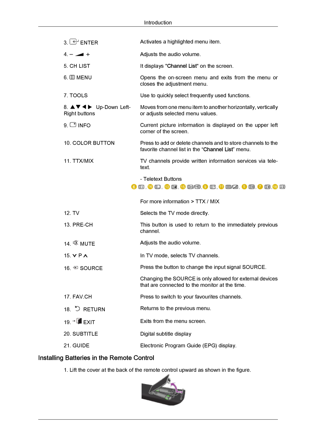 Samsung LS24TDDSU/CI, LS20TDVSUV/EN, LS24TDVSUV/EN, LS24TDDSUV/EN Installing Batteries in the Remote Control, Color Button 