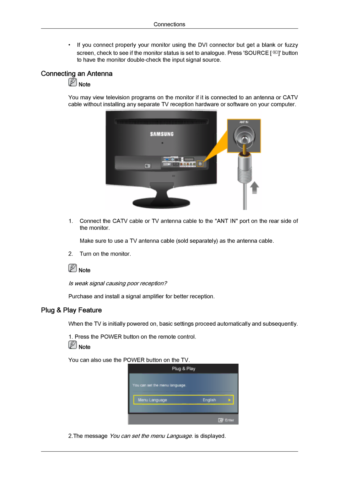 Samsung LS22TDDSV2/EN, LS20TDVSUV/EN, LS24TDVSUV/EN, LS24TDDSUV/EN, LS22TDVSUV/EN Connecting an Antenna, Plug & Play Feature 