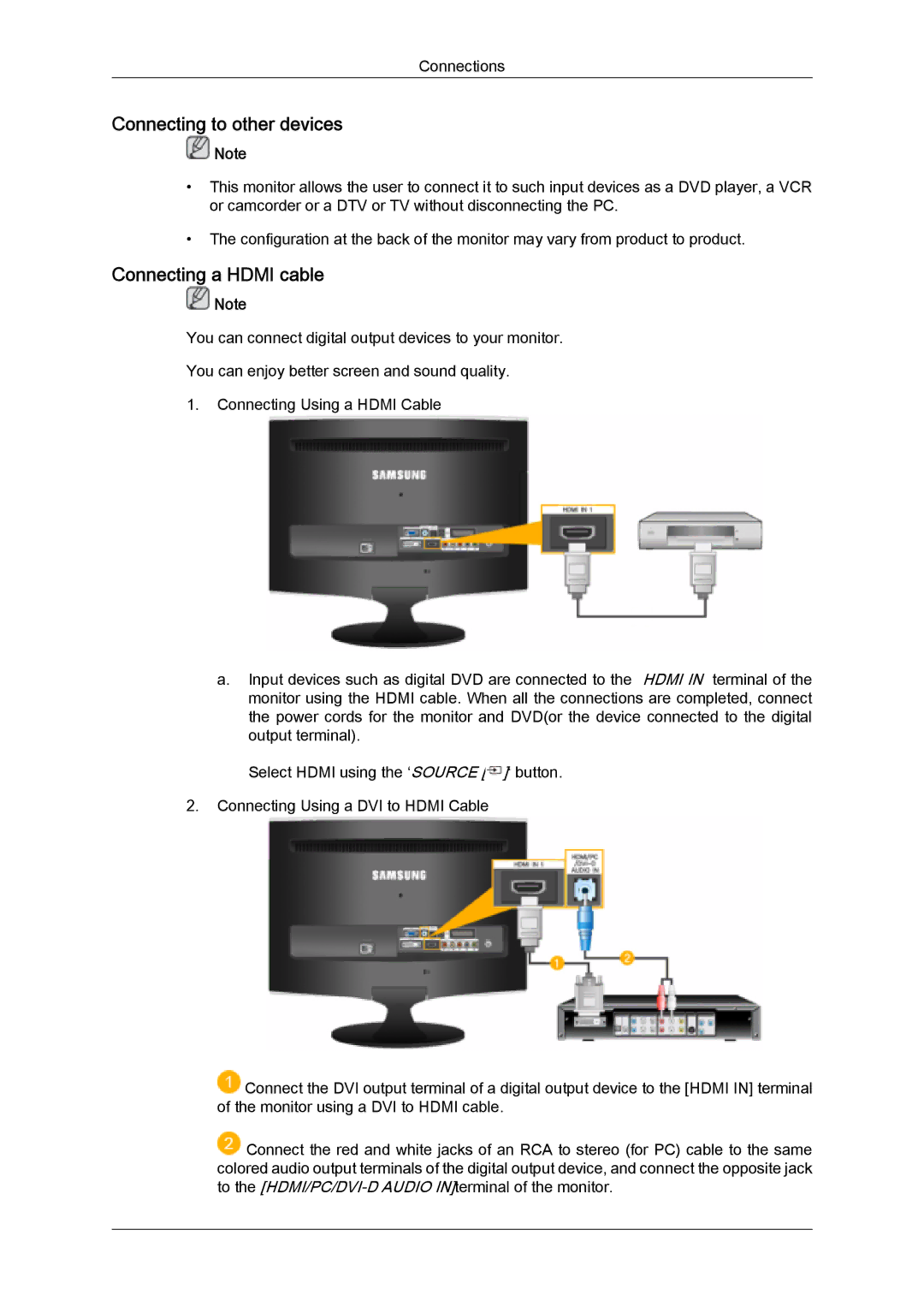 Samsung LS26TDDSUSCI, LS20TDVSUV/EN, LS24TDVSUV/EN, LS24TDDSUV/EN manual Connecting to other devices, Connecting a Hdmi cable 