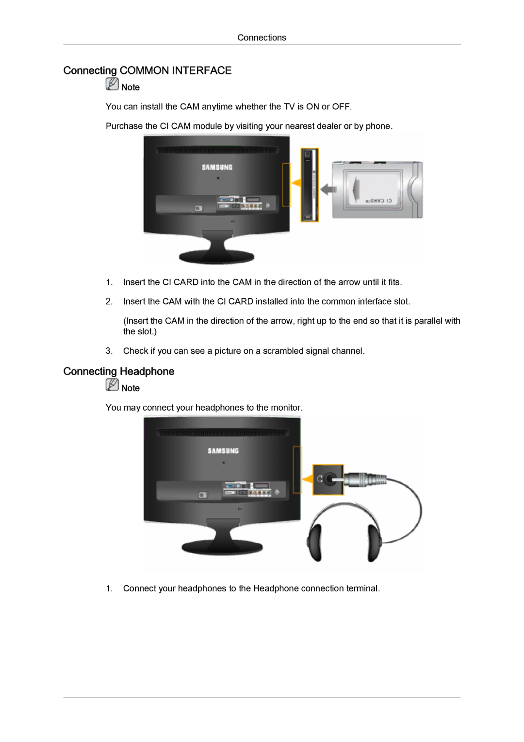 Samsung LS24TDVSUV/EN, LS20TDVSUV/EN, LS24TDDSUV/EN, LS22TDVSUV/EN manual Connecting Common Interface, Connecting Headphone 