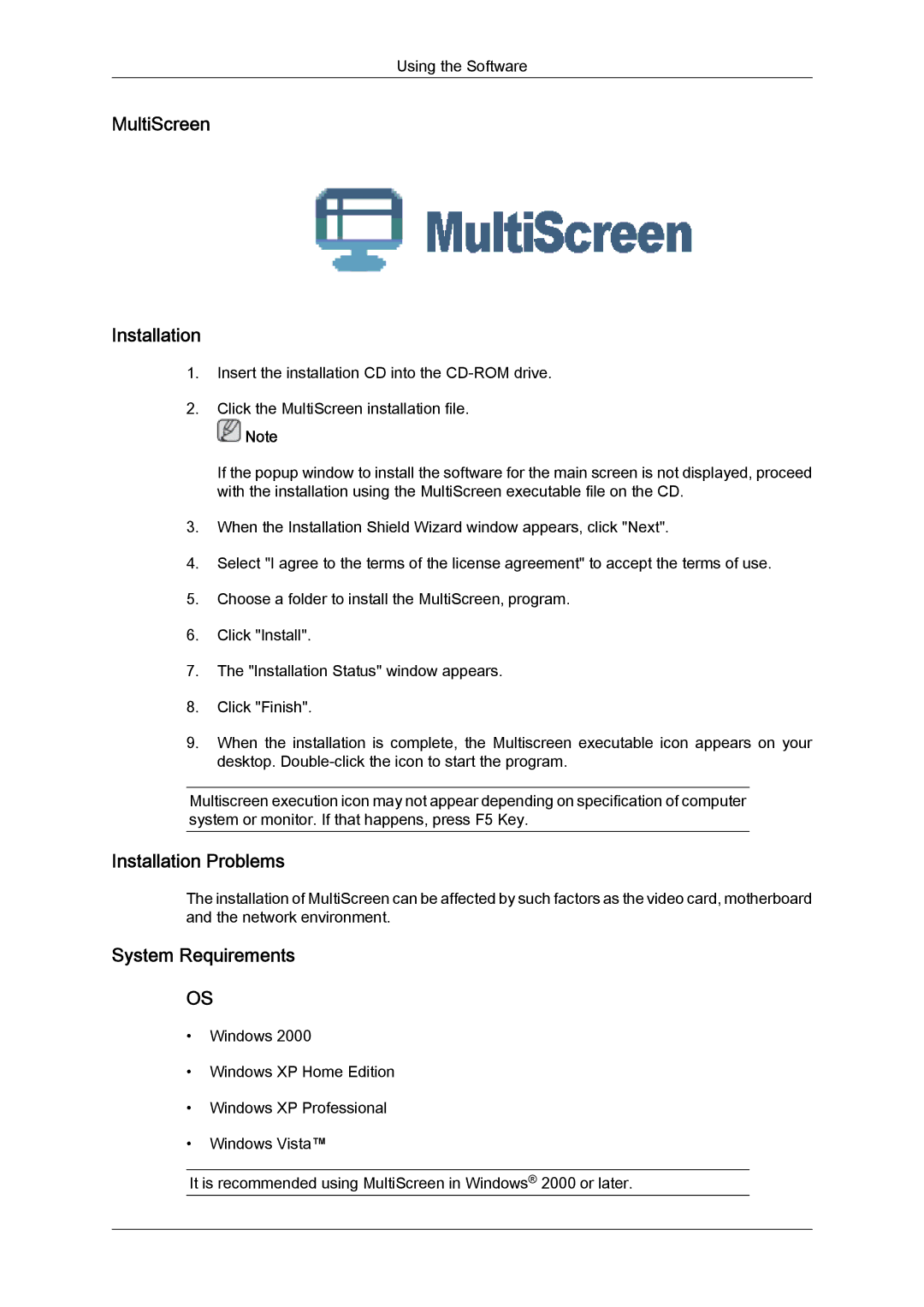 Samsung LS22TDVSUV/XE, LS20TDVSUV/EN, LS24TDVSUV/EN MultiScreen Installation, Installation Problems, System Requirements 