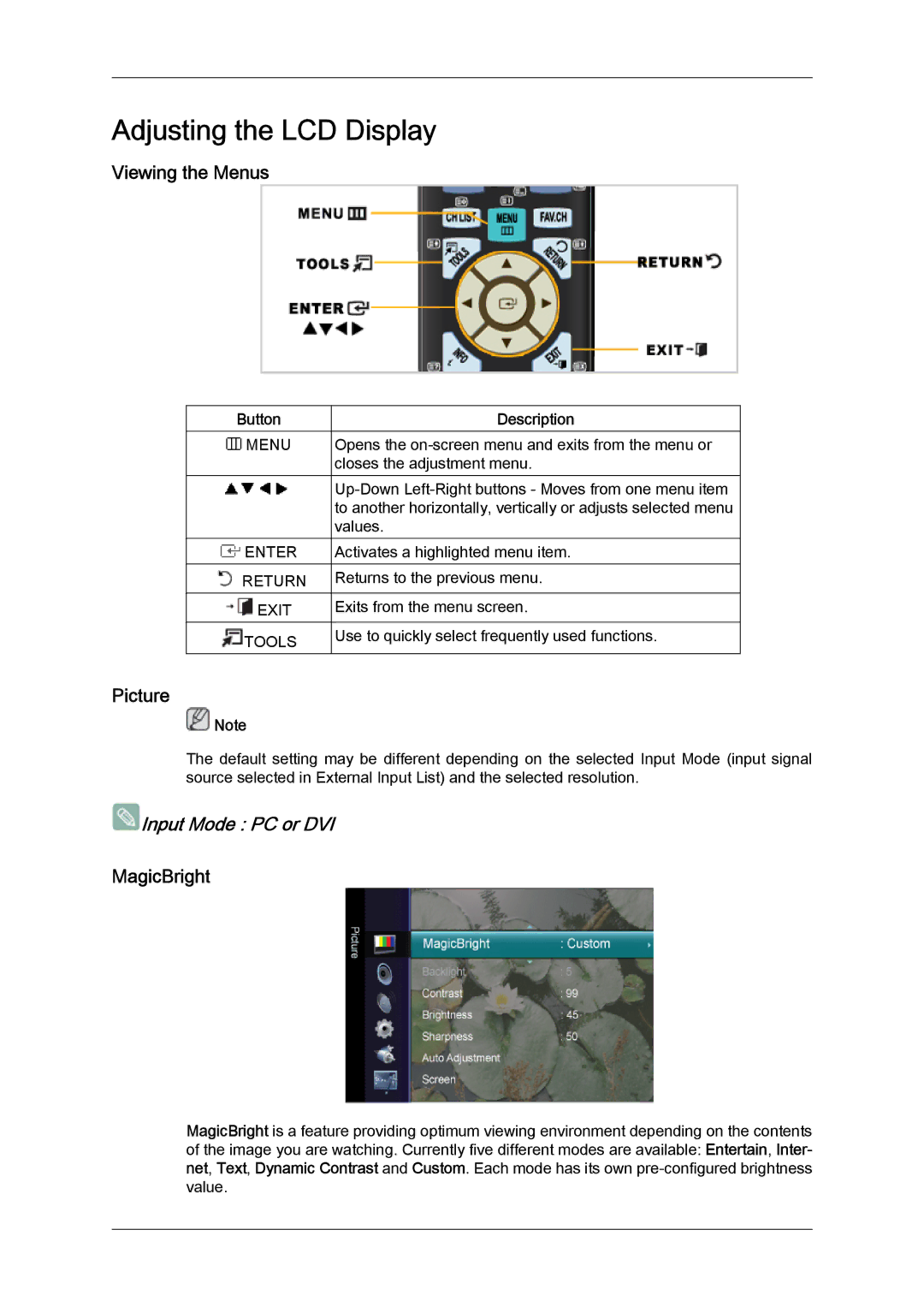 Samsung LS26TDVSUV/XE, LS20TDVSUV/EN, LS24TDVSUV/EN manual Viewing the Menus, Picture, MagicBright, Button, Description 