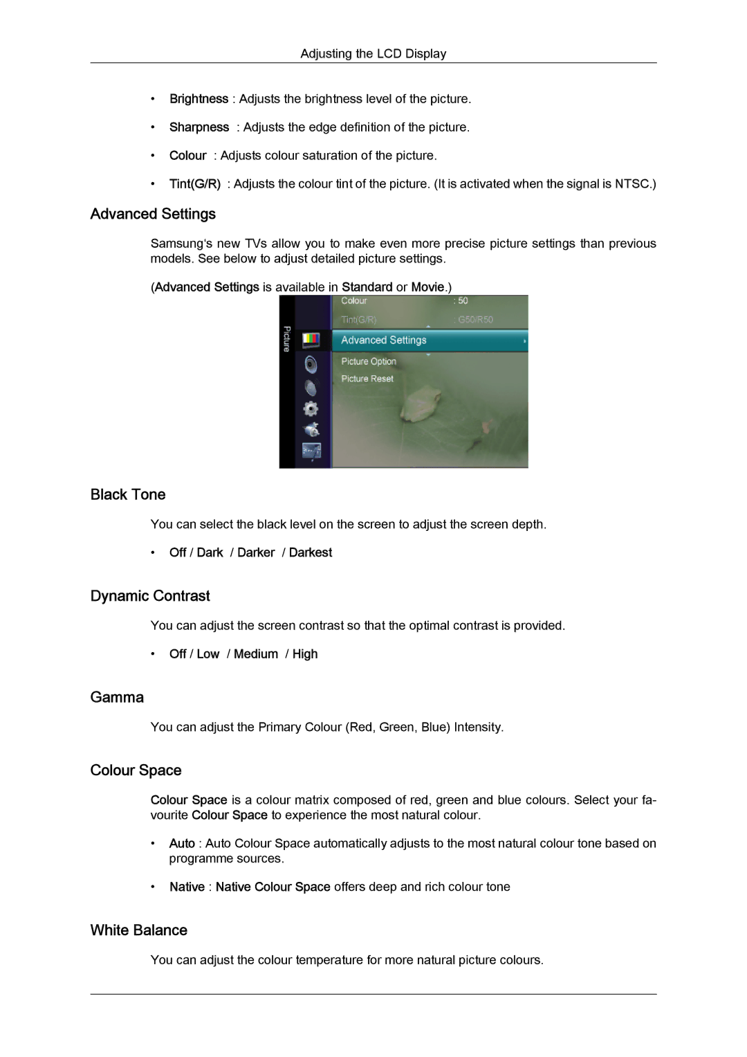 Samsung LS22TDDSUSCI, LS20TDVSUV/EN Advanced Settings, Black Tone, Dynamic Contrast, Gamma, Colour Space, White Balance 