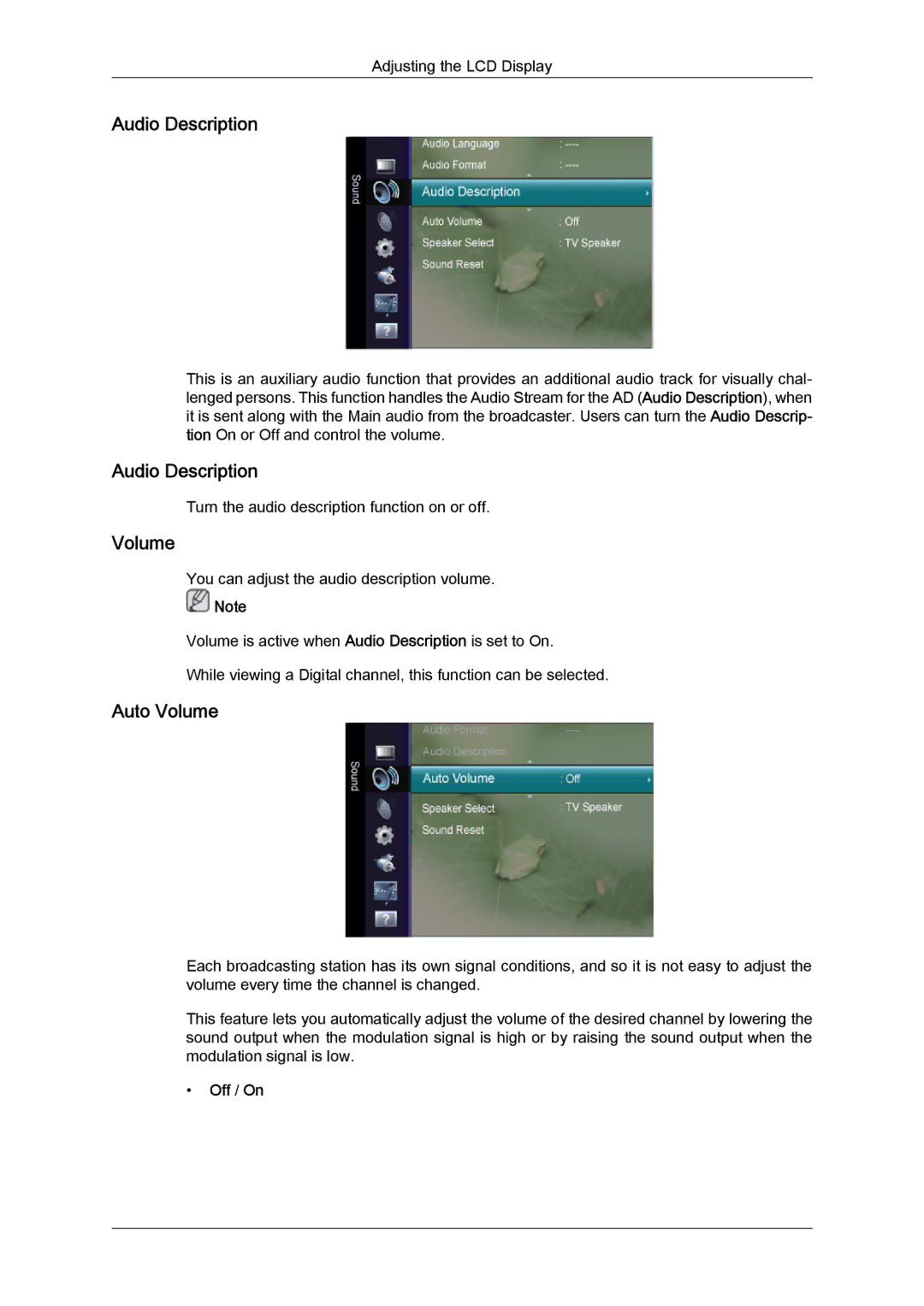 Samsung LS24TDVSUV/EN, LS20TDVSUV/EN, LS24TDDSUV/EN, LS22TDVSUV/EN, LS20TDDSUV/EN manual Audio Description, Auto Volume 